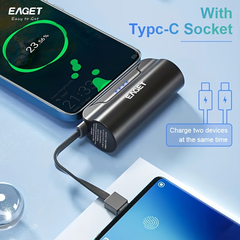 

EAGET 5000mAh Capsule Phone Charger Bank, Chargeur portable avec USB-C, compatible avec les téléphones iPhone plus/15 pro/15 pro Max/Android/Samsung/Moto/LG, etc. (Noir, Blanc)