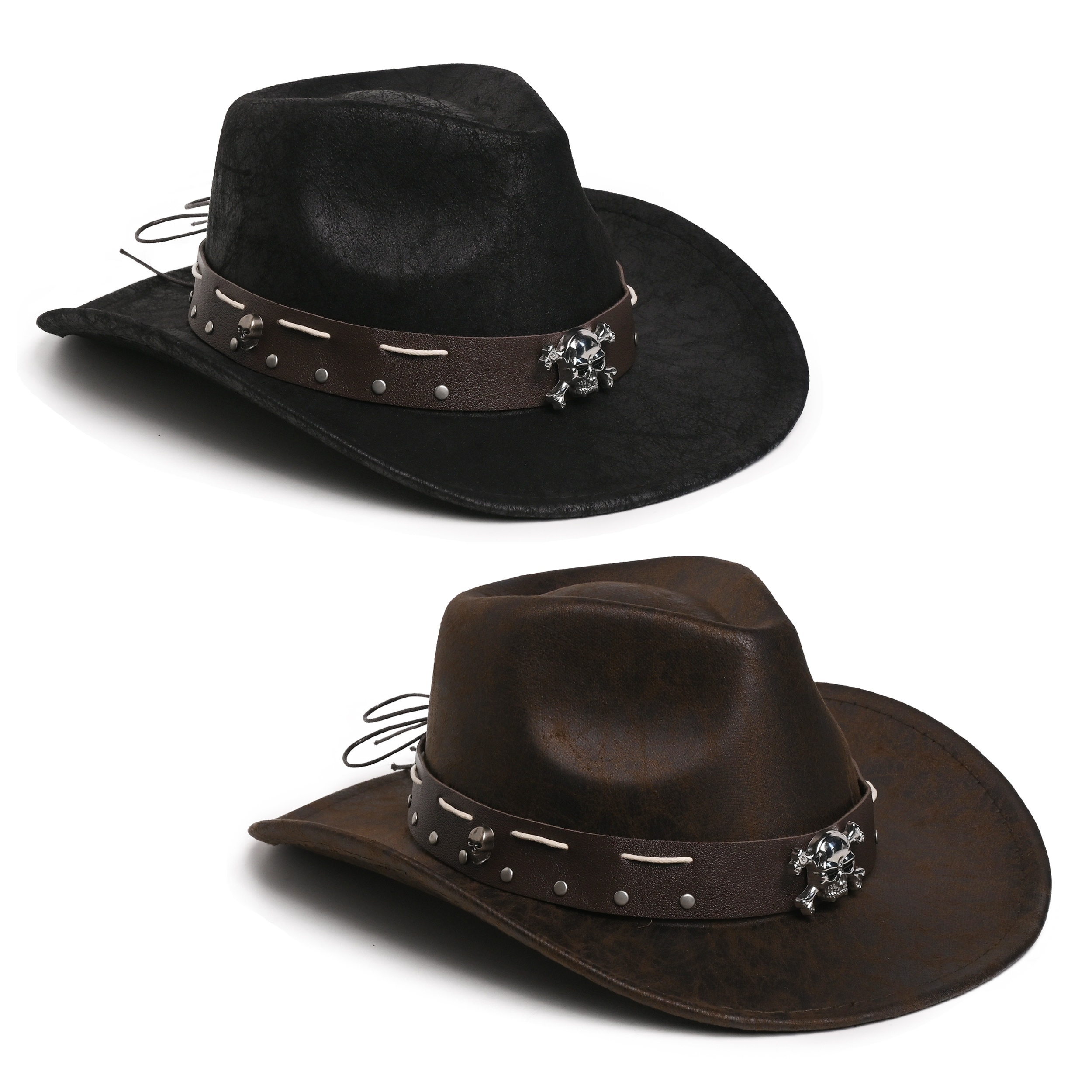 

Vintage Western Cowboy Hat With Skull Accent - Glossy Finish, Lightweight Polyester, Non-stretch - Fashionable Knight Cap For Men & Women