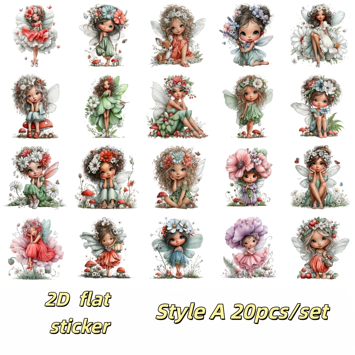 TEMU 20pcs/set 2d Flat Stickers Watercolor Fairy Stickers Crafts Travel Luggage Laptop Guitar Skateboard Wall Luggage Diary Wallpaper Decoration Gift