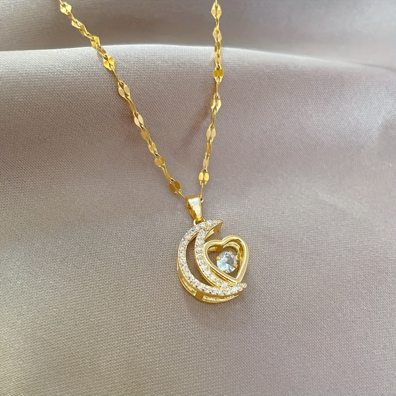 TEMU 1pc Creative Fashion Moon Love Heart Necklace, Gorgeous Temperament With Moon And Heart Combined Design, With Titanium Steel Chain - Anniversary