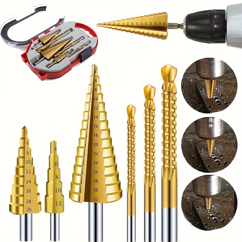 

6pcs/set, Step Drill Bits, Hss Spiral Metric Composite Tap Drill Bit, 4-12 4-20 4-32mm Cone Drilling Tools For Wood Cutting Slotting