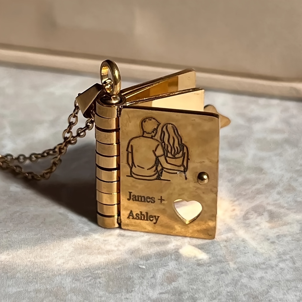 TEMU Collier avec livre personnalisé avec nom, Lettre à l', Collier pour , Pendentif porte-clés en acier inoxydable noir imprimé avec message secret,