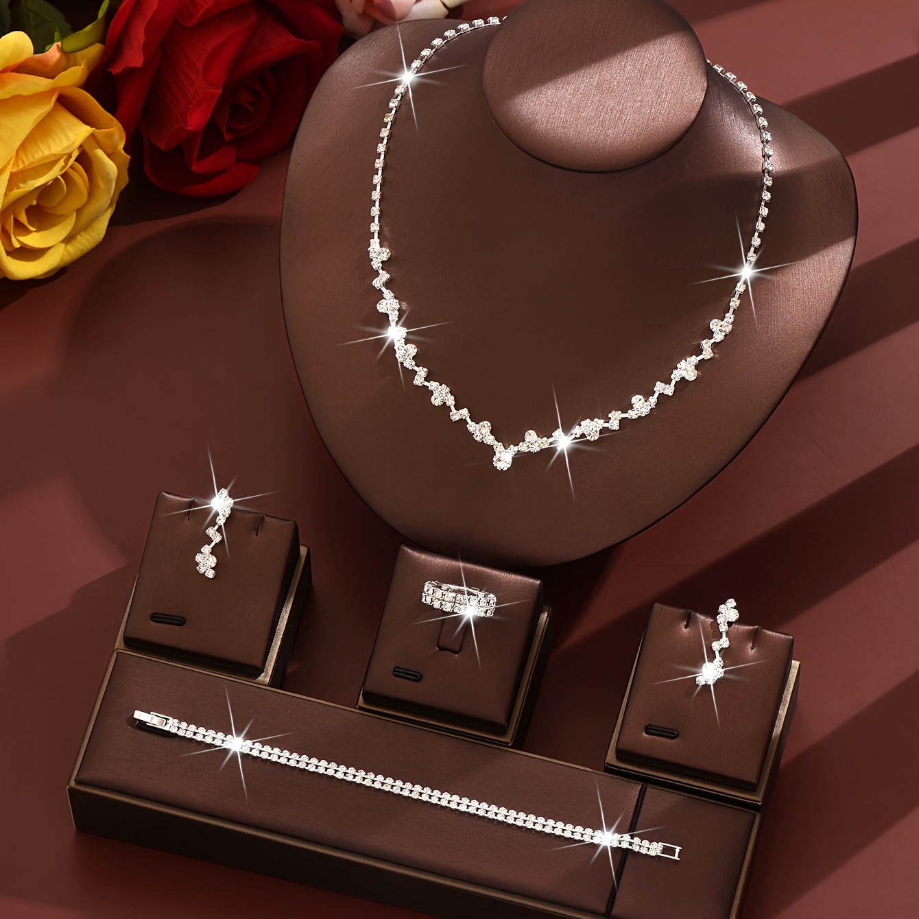 Image of 1pc Necklace, 1 Pair Earrings, 1pc Bracelet, 1pc Ring Women' Rhinestones, Suitable For Parties And Gifting, Fashion Jewelry Collection, Ideal For Special Occasions