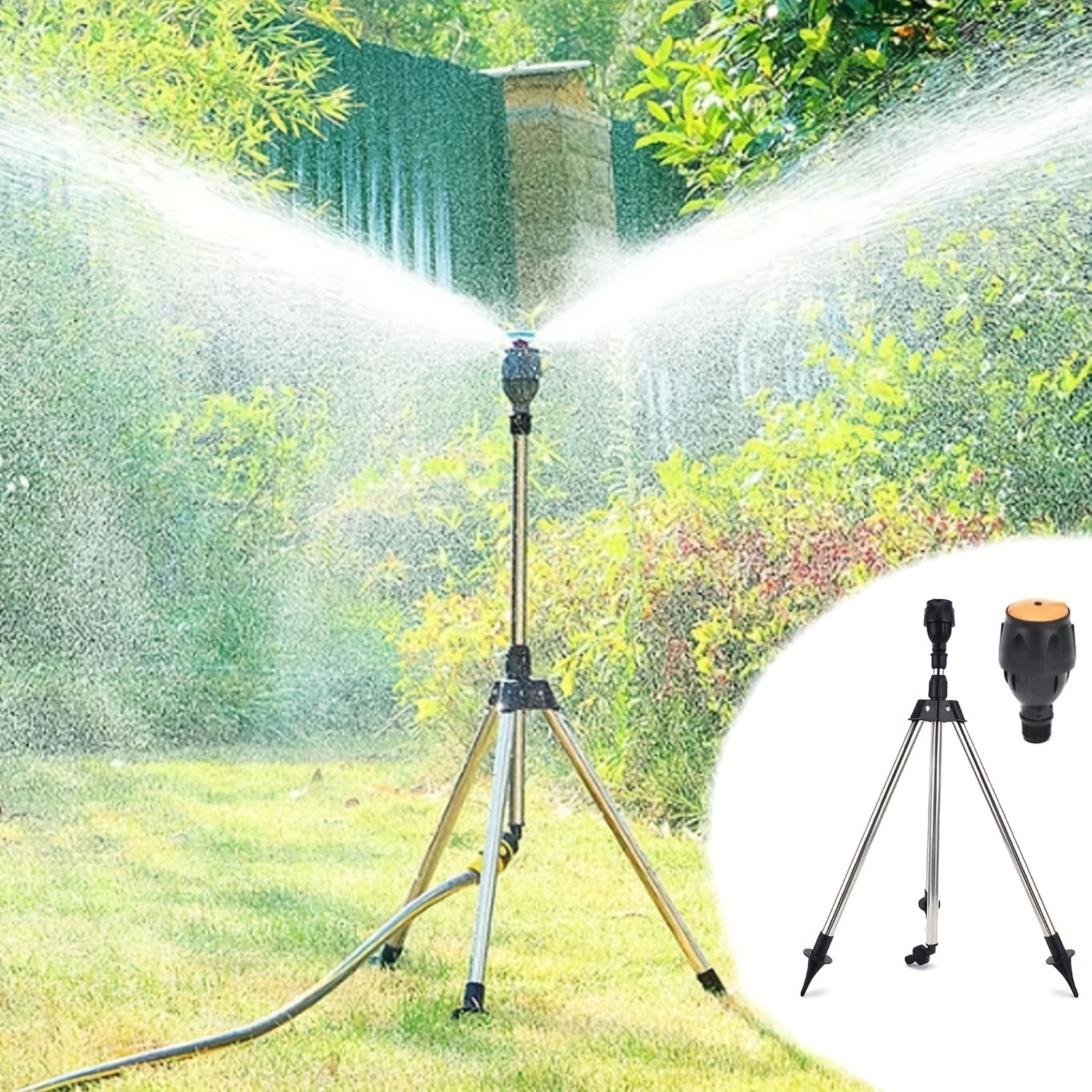 

360 Degree Rotating Tripod Garden Sprinkler, Walk-behind Metal Lawn Water Sprayer With Multiple Nozzles, Large Area Coverage, Adjustable Height, Manual Operation