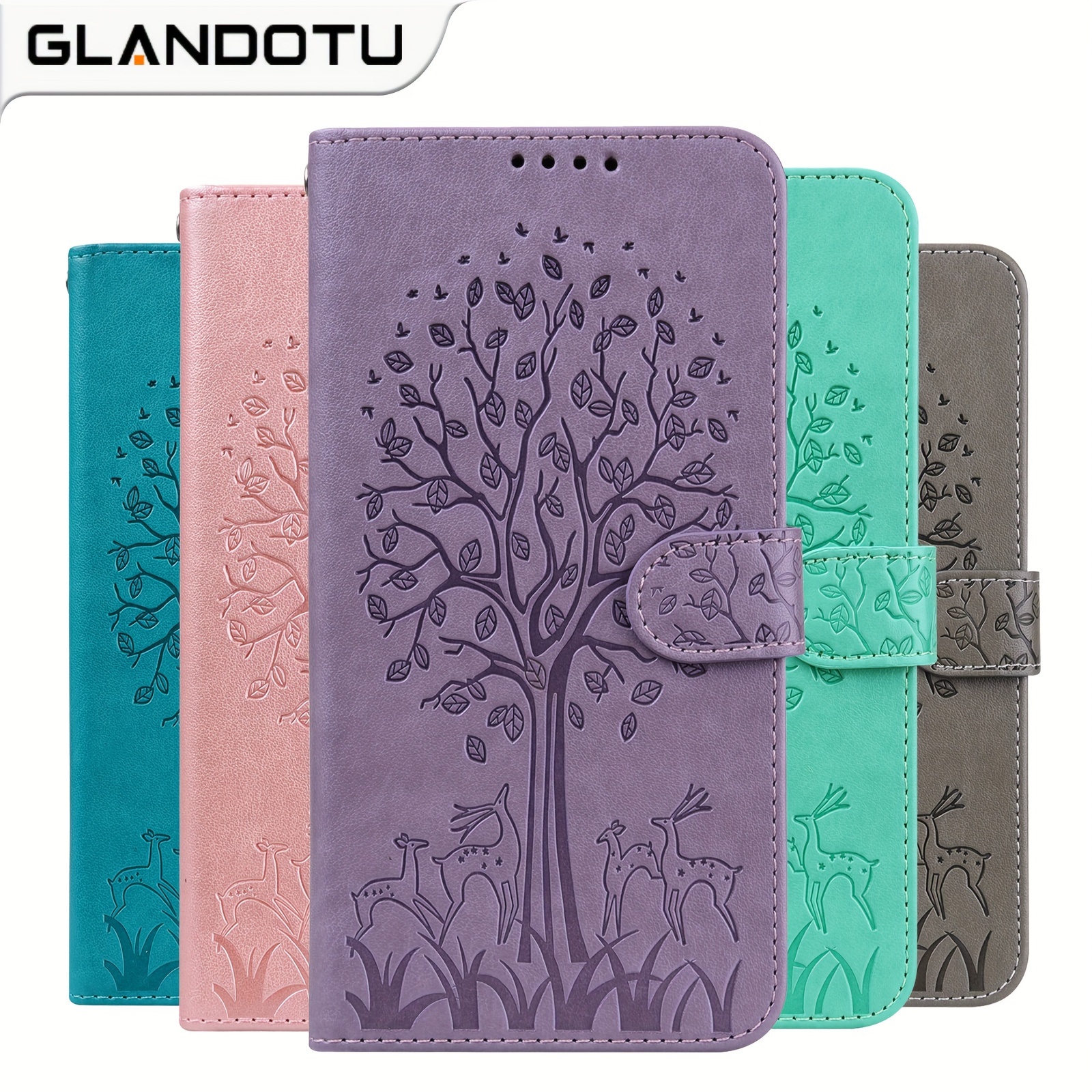 For IPhone 6 6S 7 8 SE2 SE3 X XS XR 11 12 13 14 15 Mini Plus Pro Max Embossed Solid Color PU Leather With Card Slot Foldable Stand Flip Wallet Phone Case - Deer