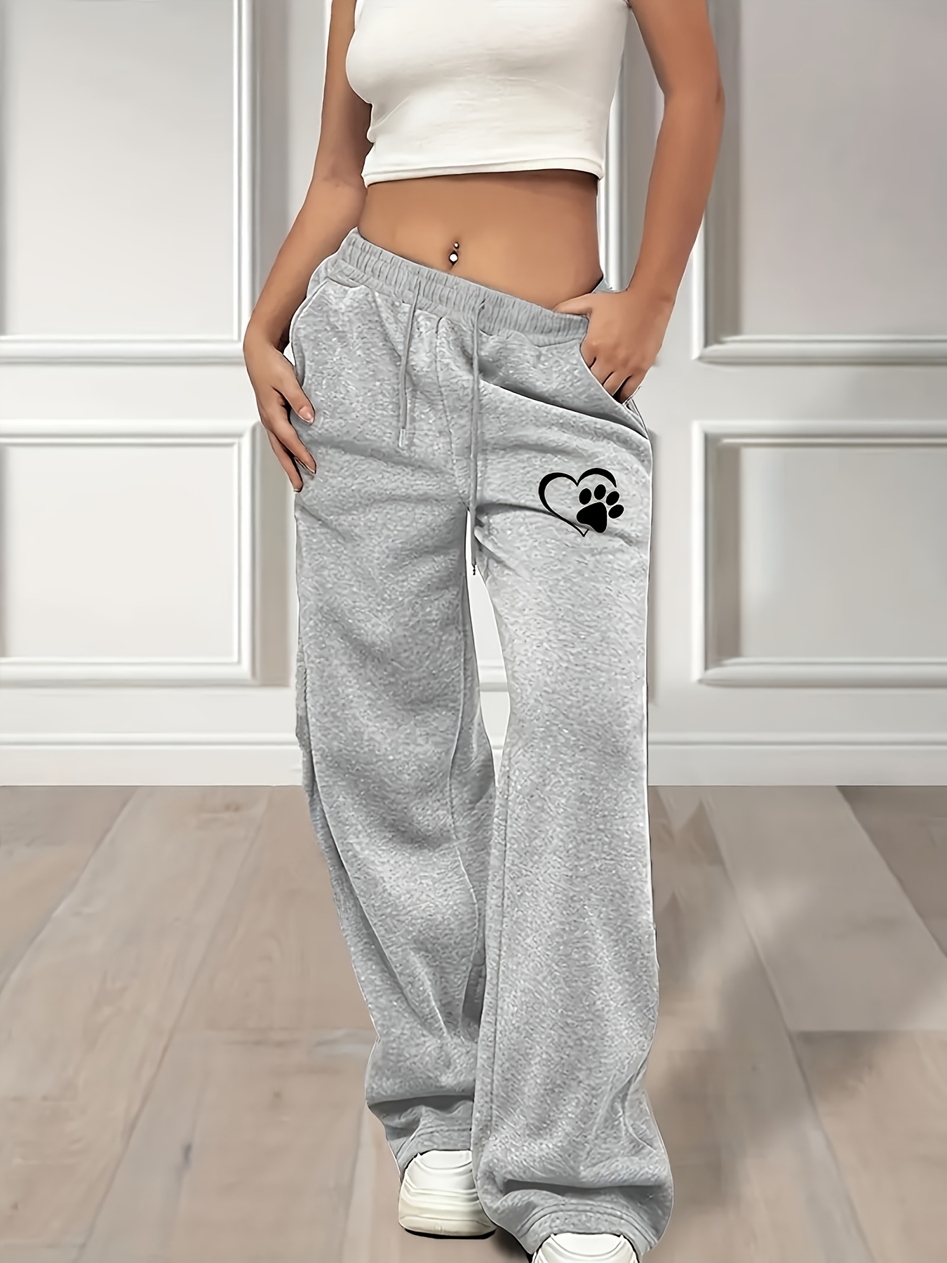 Sweatpants Fleece Lined Lounge Pants Womens Cotton Wide Leg