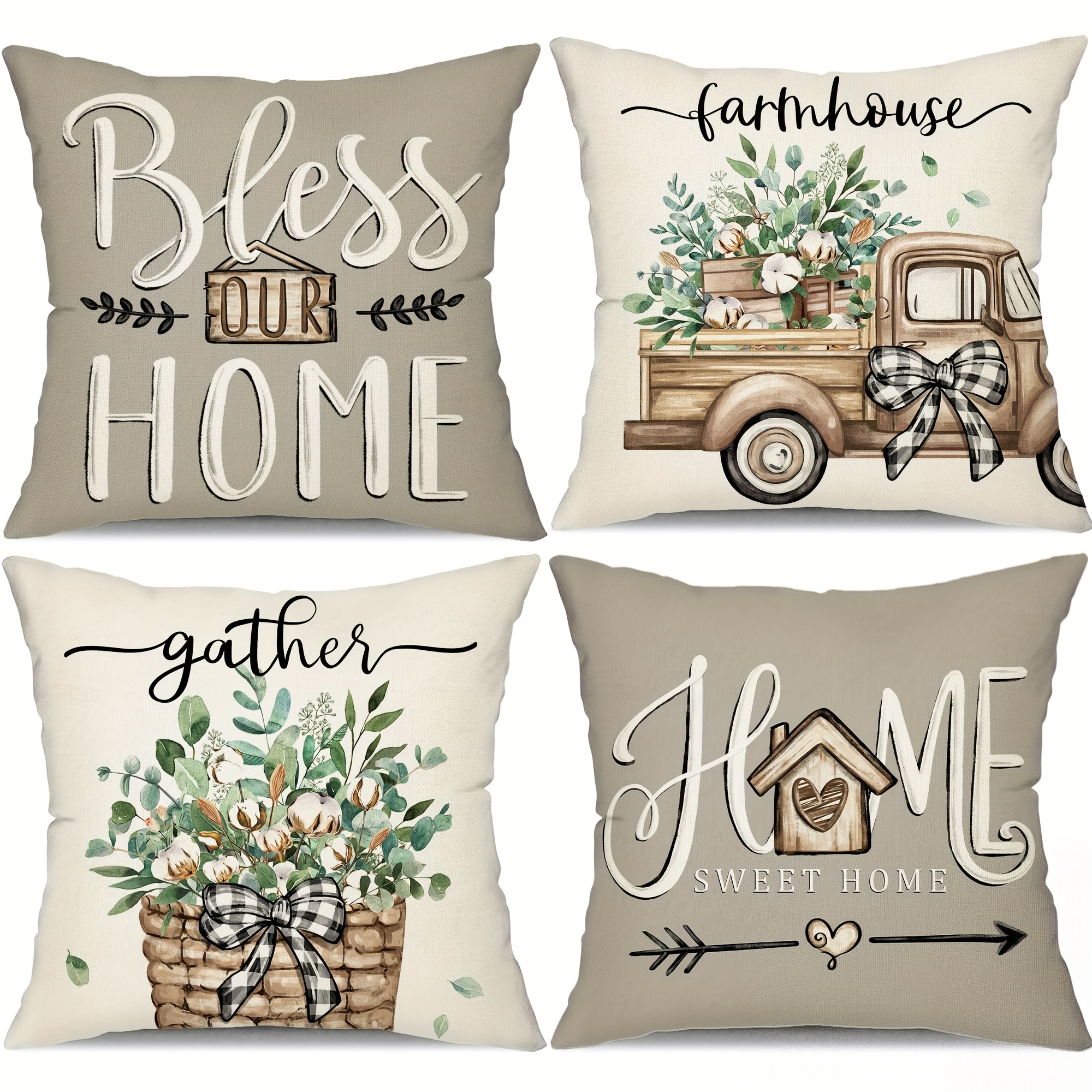 

4pcs, Short Plush Farmhouse Pillow Covers, Eucalyptus Leaves Decorations Truck Sweet Home Spring Pillow Covers, Cushion Case Gifts For Home Decor, 18 X 18 Inch