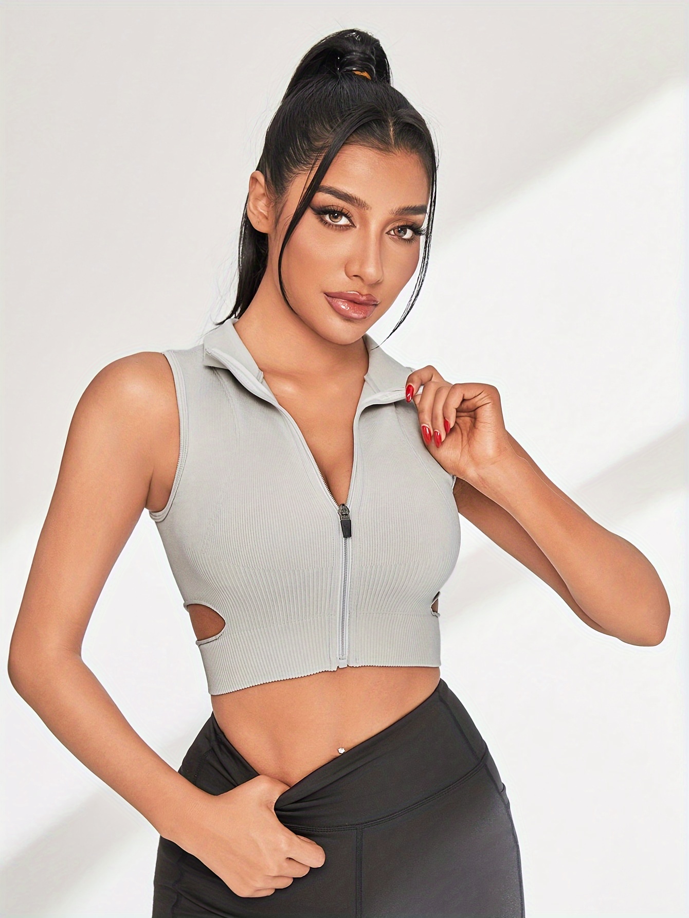 Women's Zippered Cutout Sports Vest, High Neck Fitness Yoga Crop Top