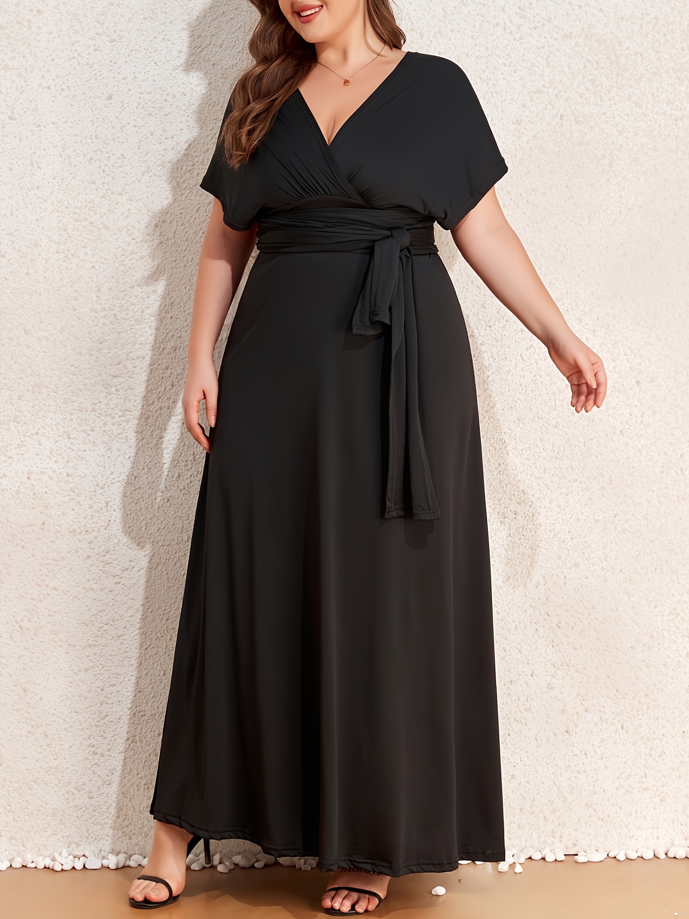 1pc elegant plus size v neck twist detail fit flare dress 95 - Temu