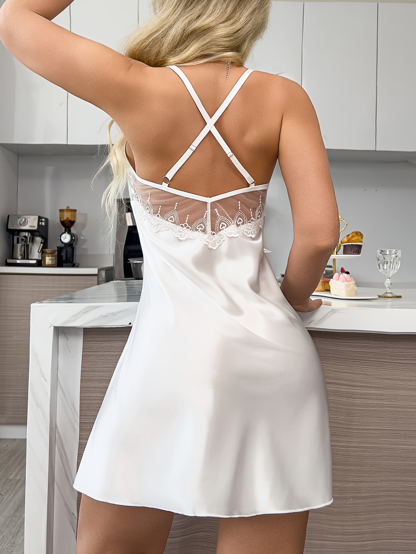 Solid Color Lace Panel V-Neck Elegant Nightgown, Adjustable Crisscross Strap Backless Dress, Women'S Spring Summer Autumn Slim-Fit Sleepwear