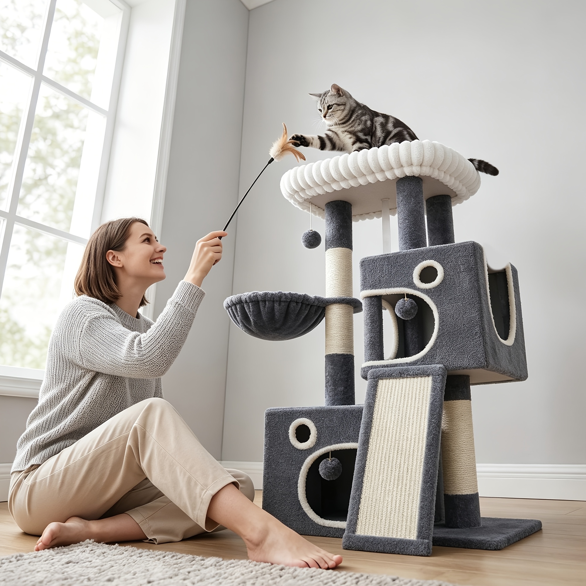 Cat Tree, 114cm, Small-sized Cat Tree, Sturdy And Wobble-free, With A Soft, Large Platform, Fun Plush Balls, Cave, Sisal Scratching Posts, And A Climbing Scratching Board
