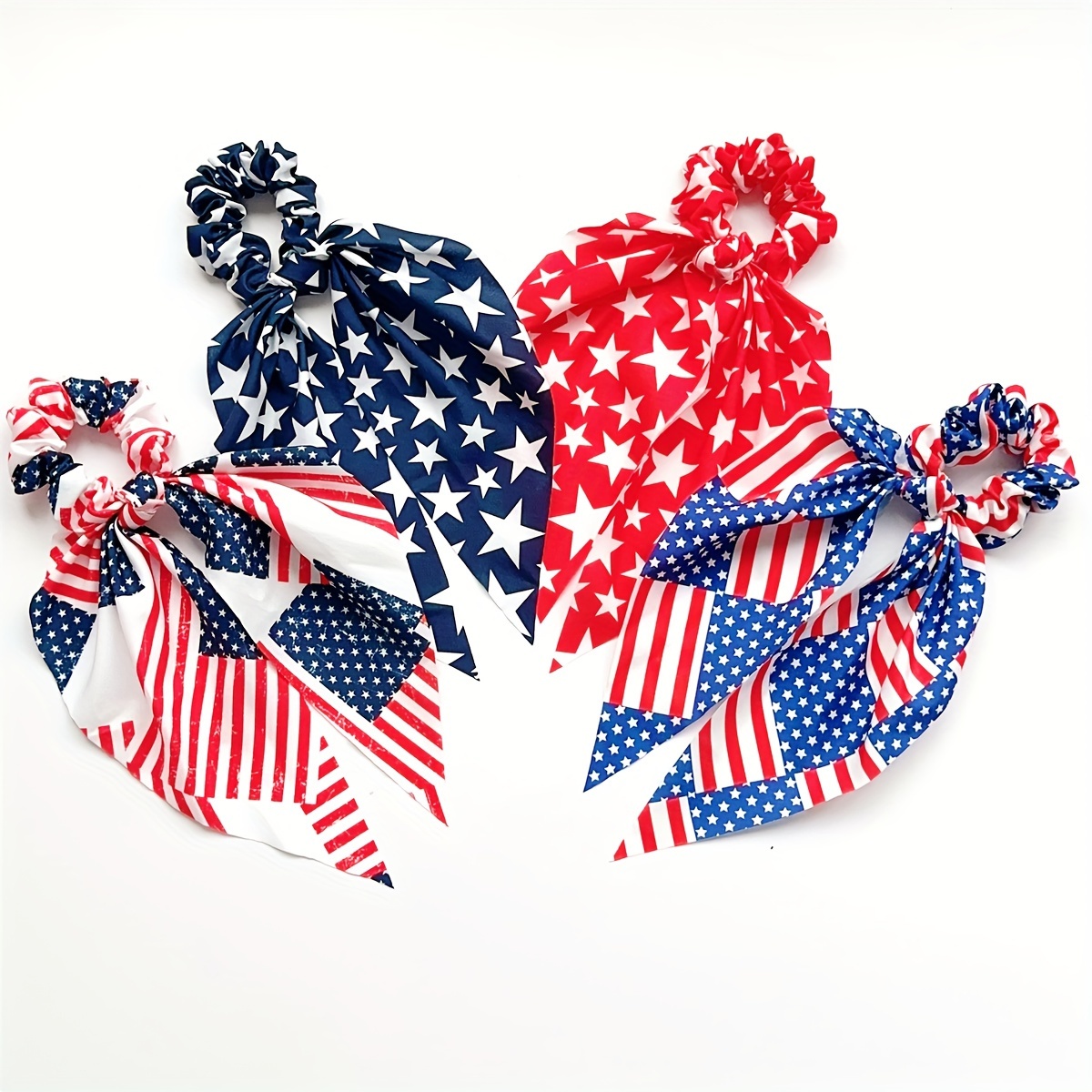 

4-piece Patriotic Hair Tie Set - American Flag Bowknot Scrunchies For Women & Girls, Elegant Independence Day Accessories