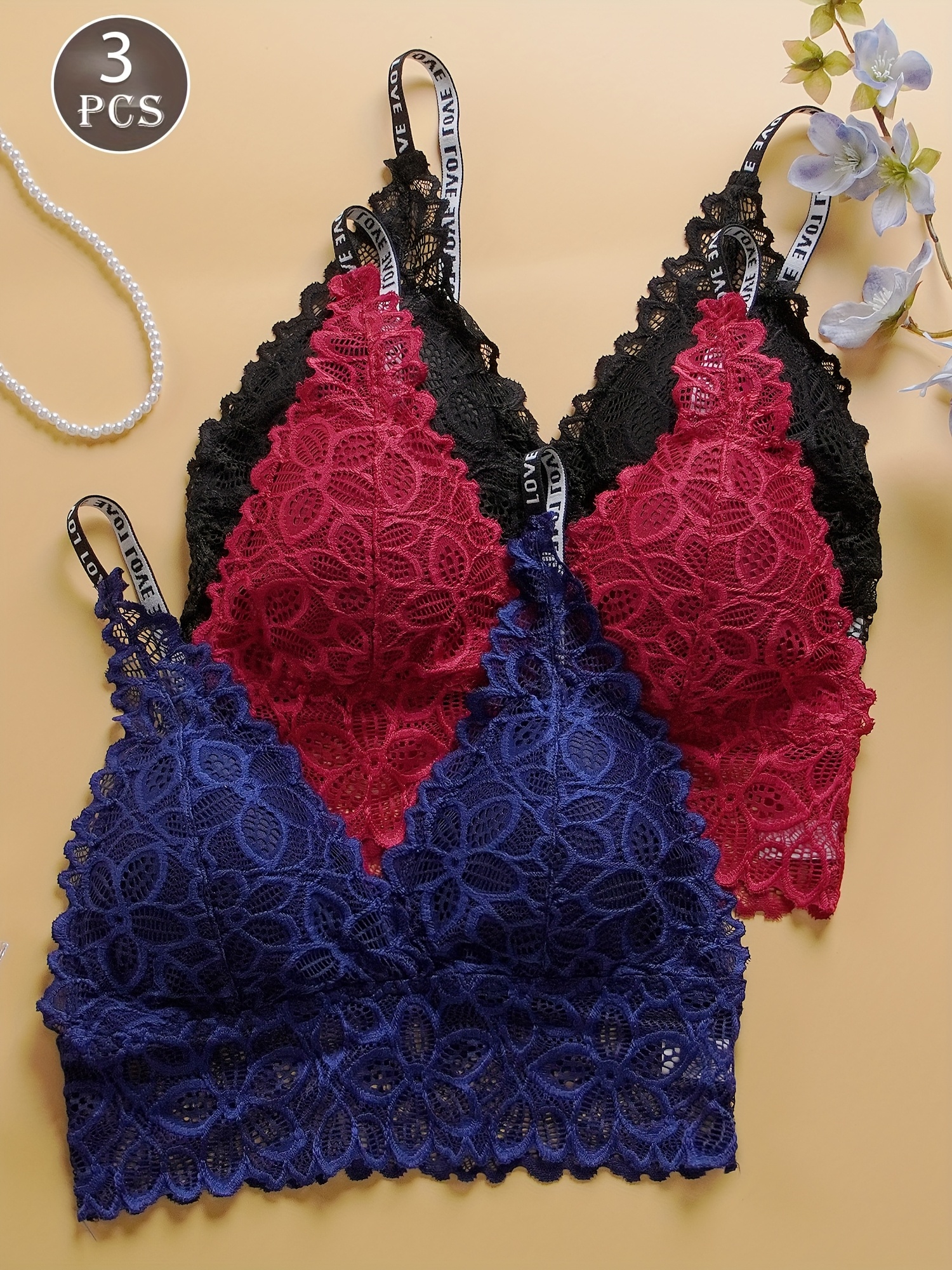 multi color free combination three piece female sexy wireless flower lace bra detachable pad love printed strap light underwear set details 0