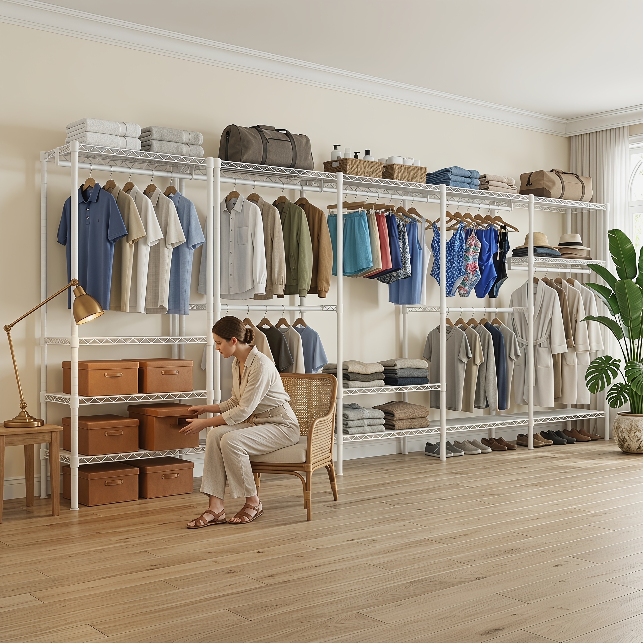 Image of Modular Closet Garment Rack Easy To Assemble No Tools Needed, Well-organized 110in Wide Storage Rack For Bedroom Garage And Shop