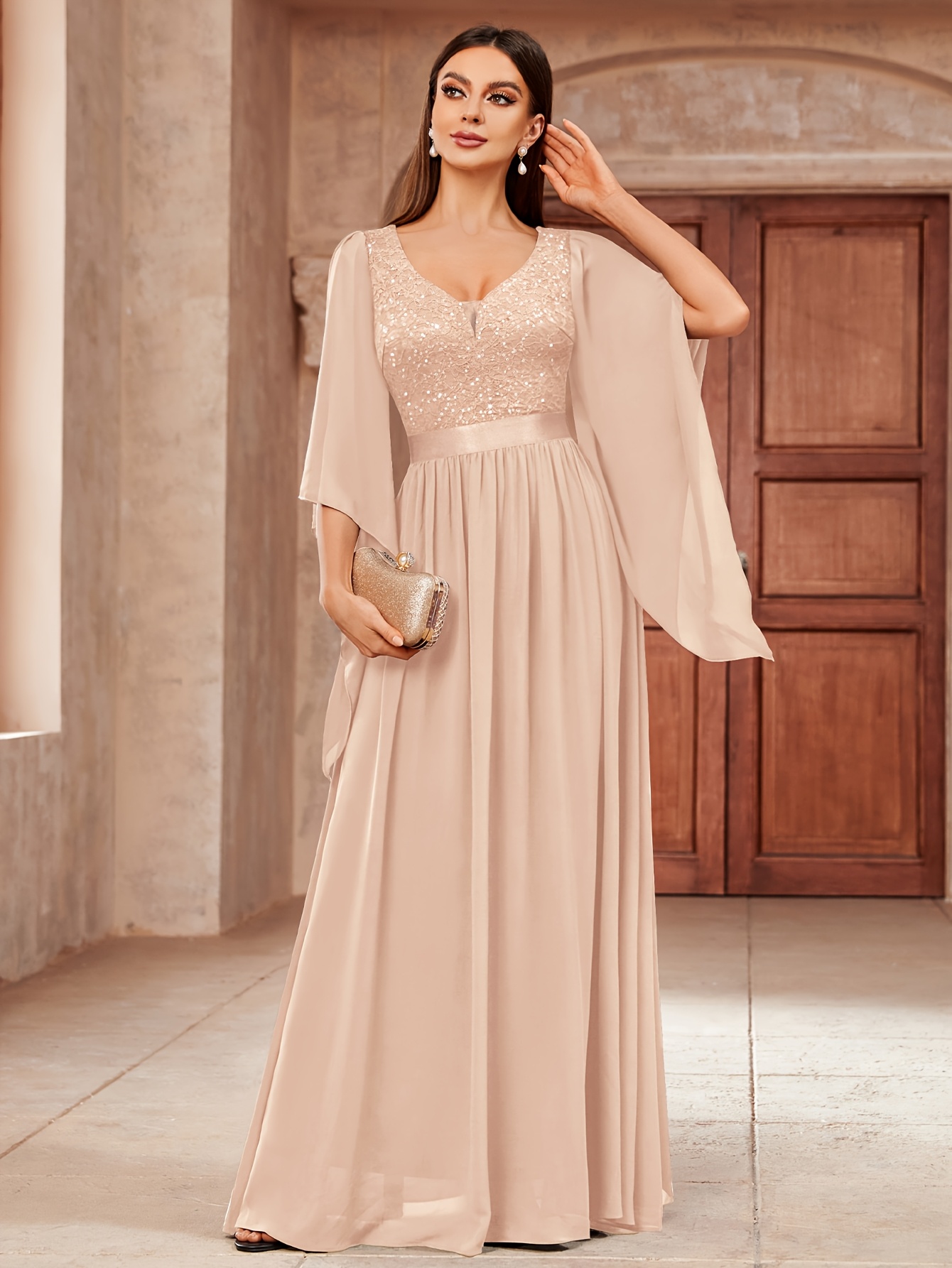womens elegant deep v neck lace contrast sequin 3 4 flare - Temu