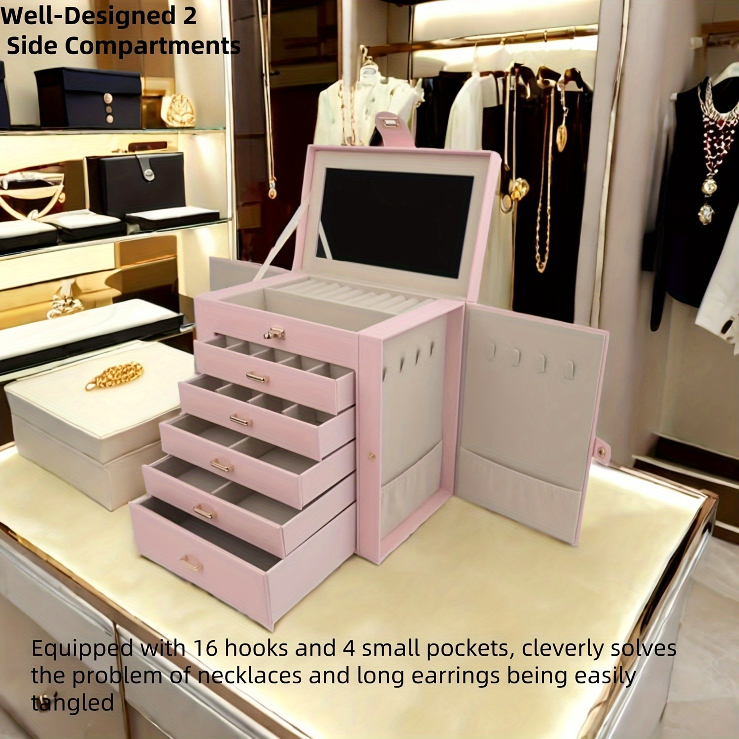 extra large 6 layer jewelry box with   suitable for storing   types of jewelry such as rings earrings and bracelets it features a two door necklace rack making it   practical for use on dressing tables display cabinets Product details 8