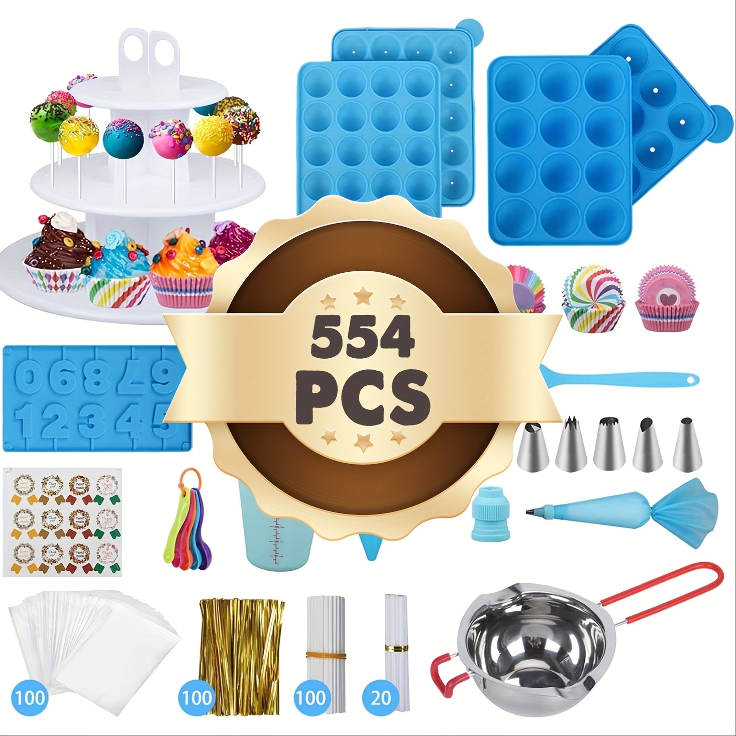 

554pcs Cake Pop Maker Kit - Silicone Lollipop Molds Baking Supplies With 3 Tier Display Stand | Chocolate Candy | Bags And Twist Ties | Sticks | Decorating Pen