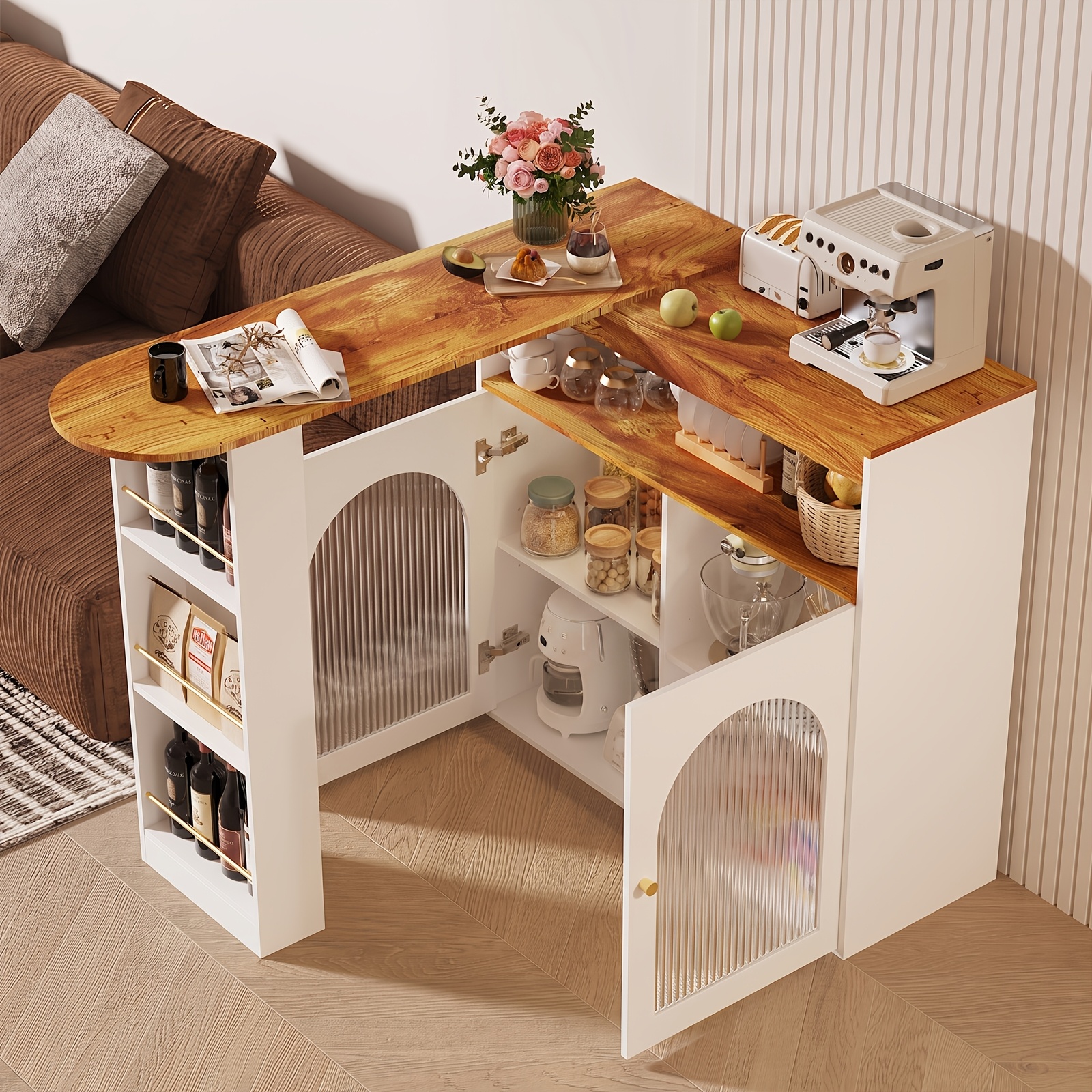 Msutree Extendable Bar Table (138 193cm), Modern Standing Table With Storage Shelf & Of Storage Space, Flexible Kitchen Table & Dining Table For Kitchen, Dining Room And Living Area, White