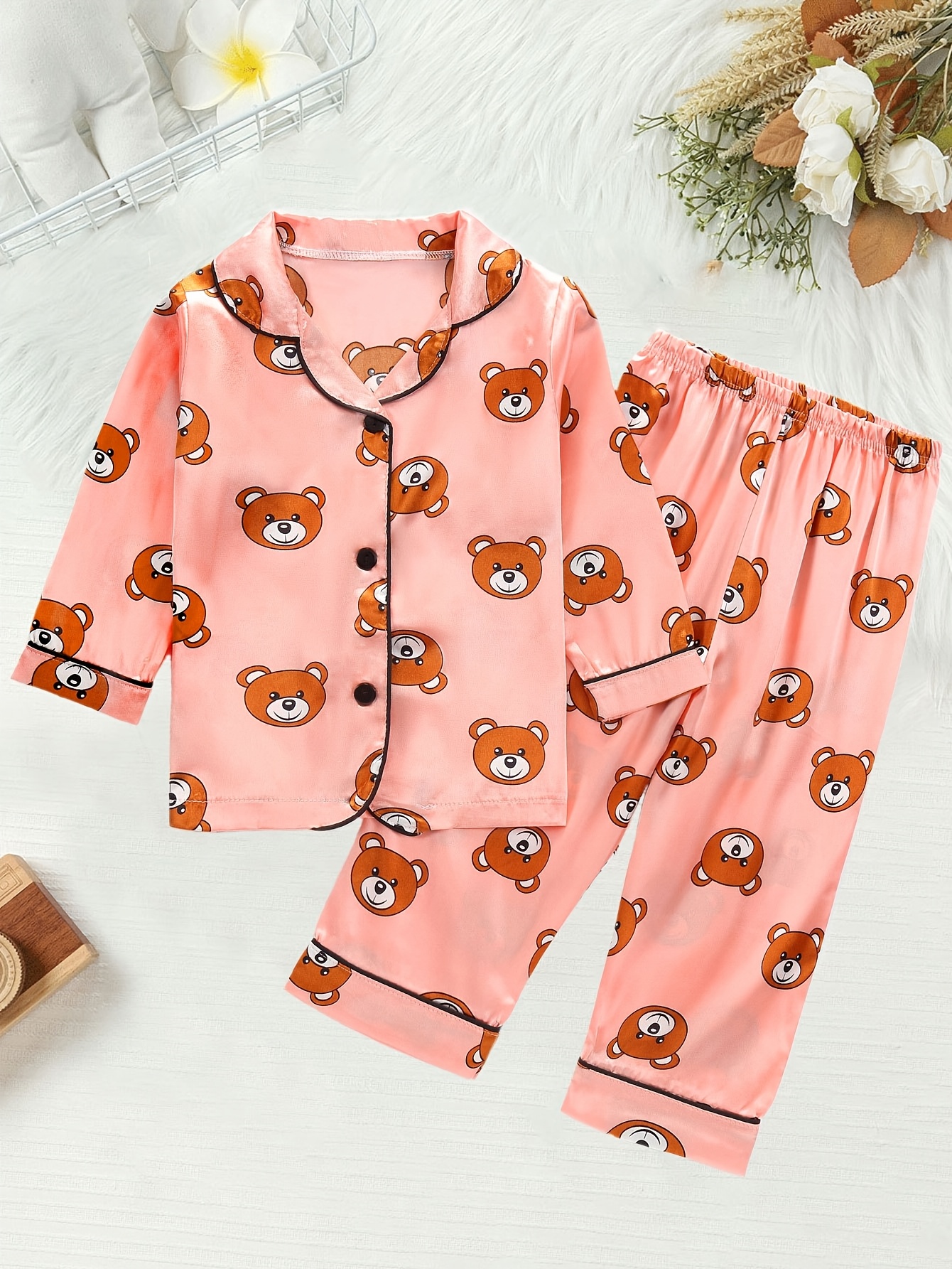 Ensemble Pyjama Confortable pour Jeunes Filles avec Imprimé Rose  Manches Longues, Haut à Boutons Pantalon, Parfait pour */Automne,  Décontracté,