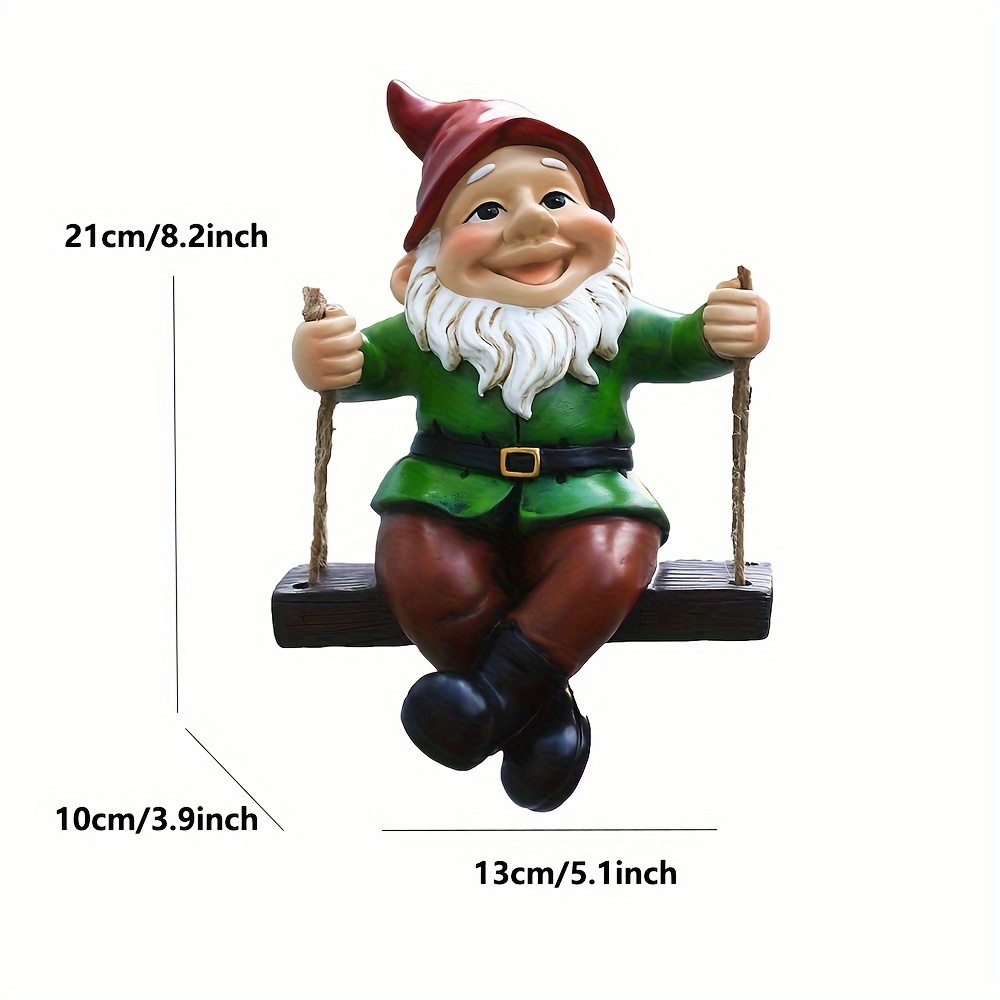 Image of Classic Garden Gnome Statue On Swing - Fairy Themed Resin Gnome Figurine For Thanksgiving Outdoor Decor, Durable Swing-mounted Sculpture, Weather-resistant Yard Ornament, No Battery Needed