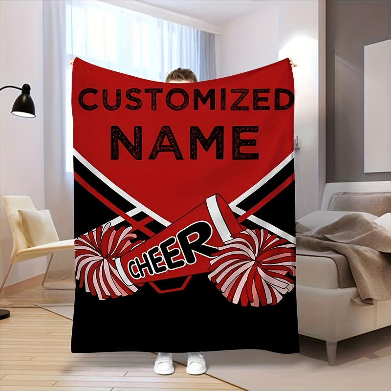 

Customized Cheer Blanket: Encourage Your Spirit With Personalized Red, White, And Black Pom Pom Design - Perfect For Home, Office, Or Game Day