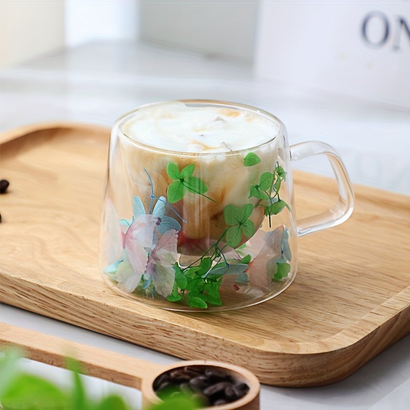 

Glass Coffee Mug With Floral Design, Double Walled Insulated Espresso Cup, Heat Resistant Beverage Glassware For Summer And Winter Drinks, Reusable Party And Self-use Birthday Gift - 200ml/6.76oz