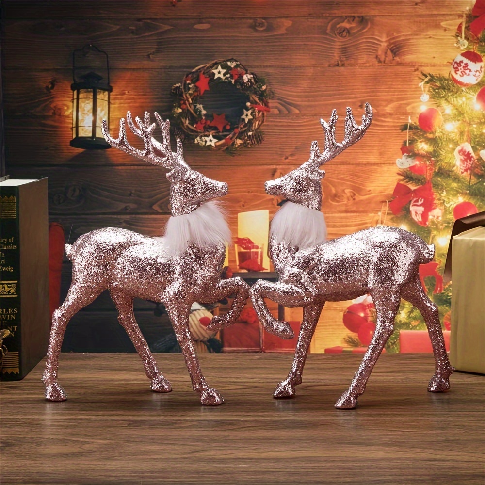 Image of 2pcs, 11.6 Inch Glitter Christmas Reindeer Decorations, Holiday Party Deer Figurine Statues, Christmas Elk Decorations For Dinner Tabletop Centerpiece Christmas Decorations