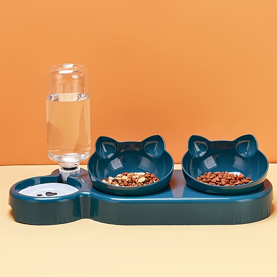 

1set Whiskerwonders 3-in-1 Cat Feeding Station With Gravity Waterer, Plastic Ear-design Tilted Bowls For Water And Food, Neck Protection, No Battery Required