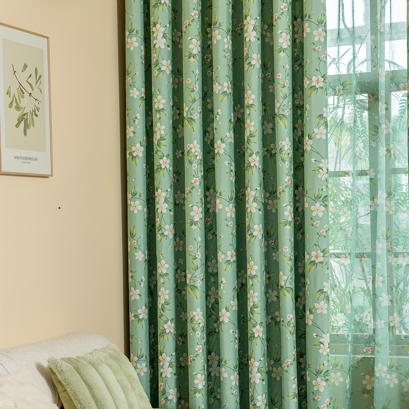 Image of 1pc Green Flower 100% Blackout Double Layer Composite Rod Curtain For Home, Living Room, Bedroom, Office And Party Decorative Window Decoration