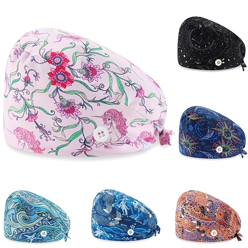 TEMU 6-pack Adjustable Scrub Caps With Prints - Breathable And Moisture-wicking Hats, Machine Washable - Ideal For Women, Nurses, Dentists, And