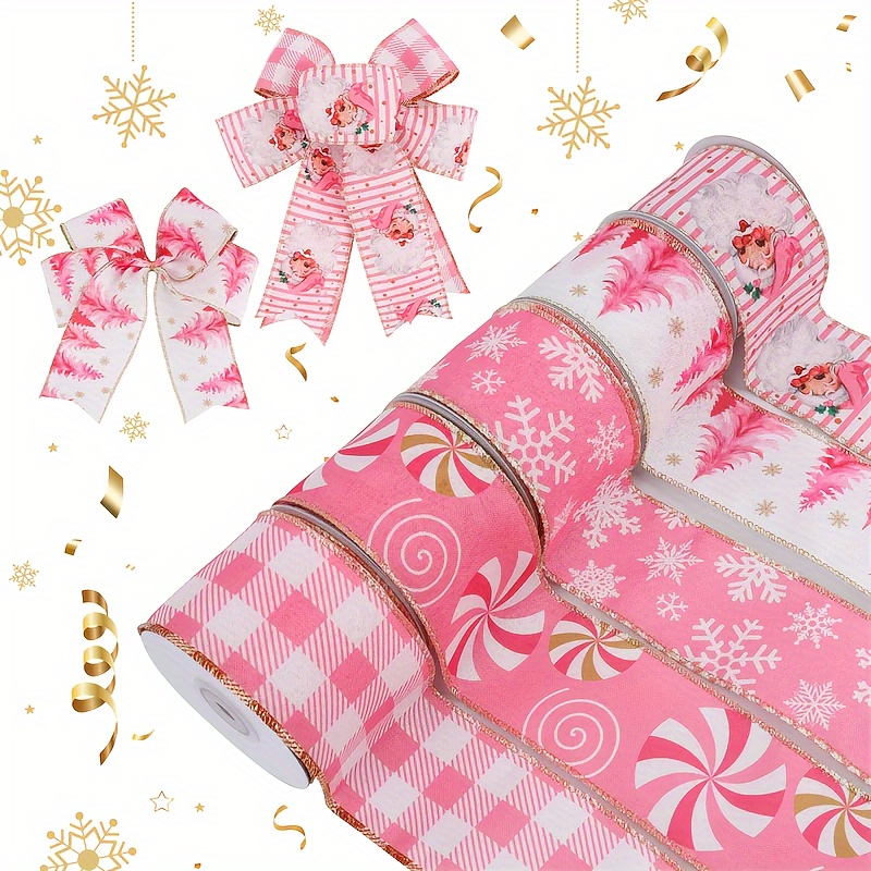 

5 Yards Pink Christmas Grosgrain Ribbon With Wired Edge, 100% Polyester Plaid Festive Ribbons For Gift Wrapping, Wedding Cake Decor & Birthday Bows