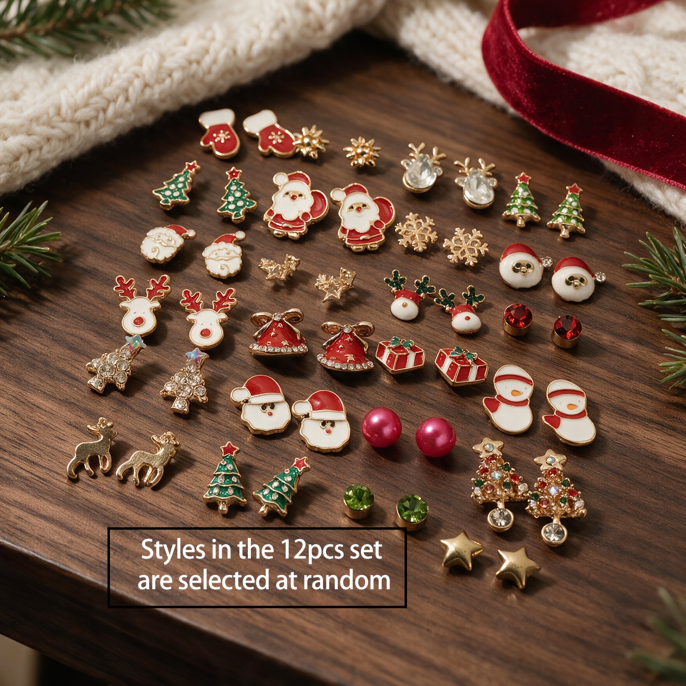 TEMU 12pcs/24pcs Women's Christmas Stud Earring Set, Cute Bohemian. Santa, Tree, Star, Snowflake, Reindeer, Red And Green Rhinestones Alloy Jewelry.