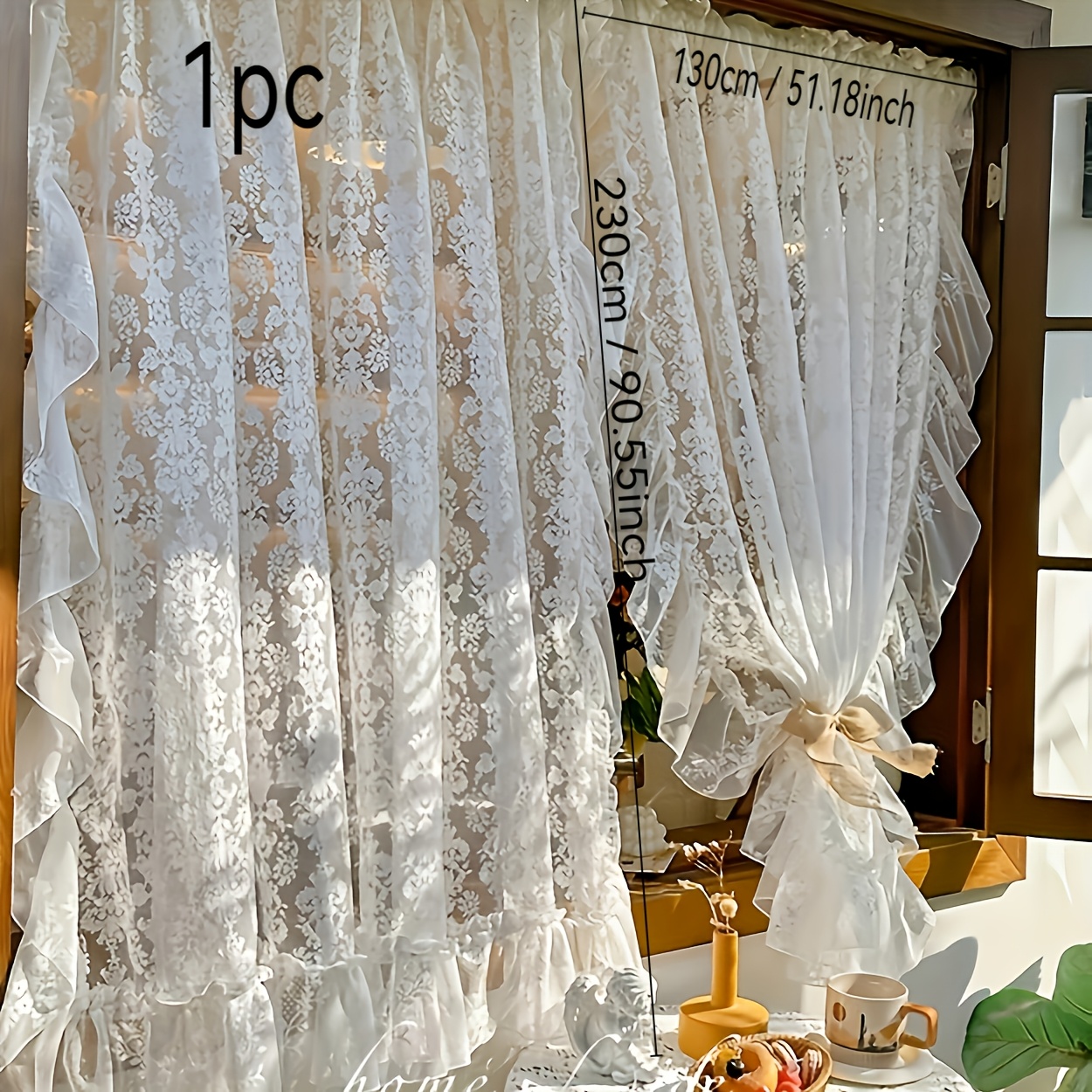 TEMU 1pc White Transparent Finished Curtain With European Lace Design, Romantic French Style, Rod-through Type, For Windows