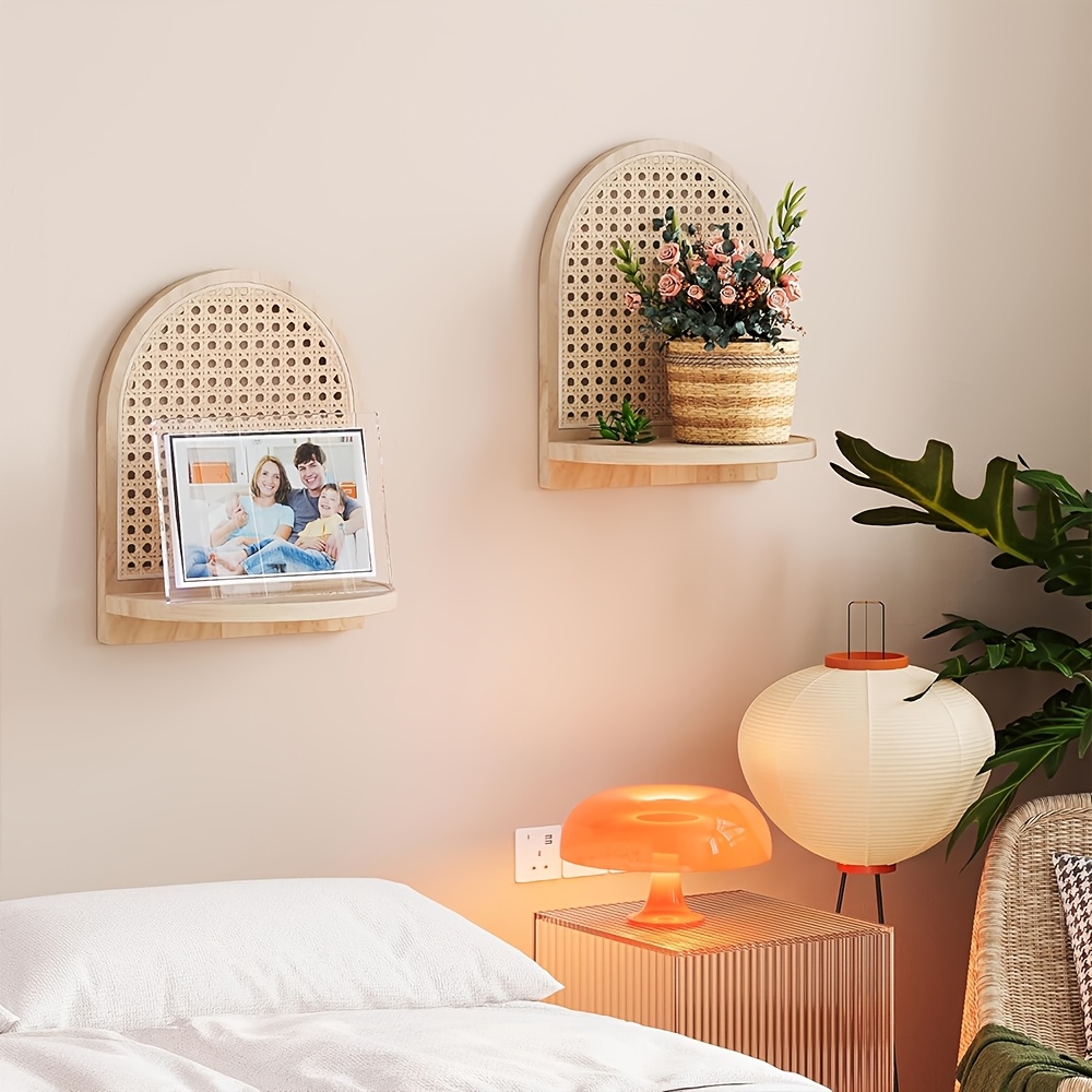 1pc Floating Shelf Natural Rattan Shelf with Wicker Trim Bohemian Wall Decor Niche Unique Design, Floating Shelves