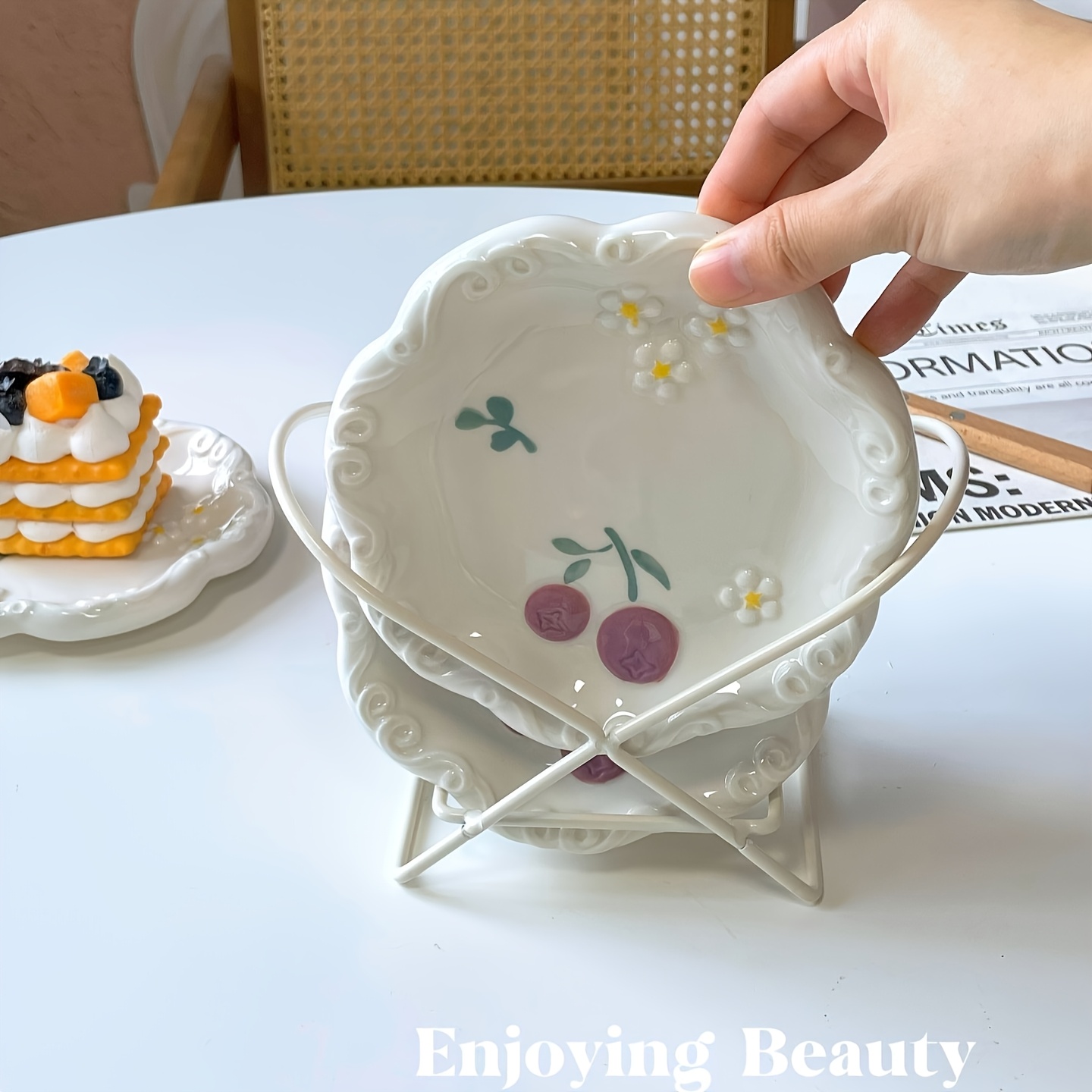 2pcs set of ceramic relief patterned plates fresh and cute bone spitting plates ceramic household new high end dining table garbage tray desktop exquisite small plate dessert plate   dining plate sushi plate coffee cup plate tea plate Product details 6