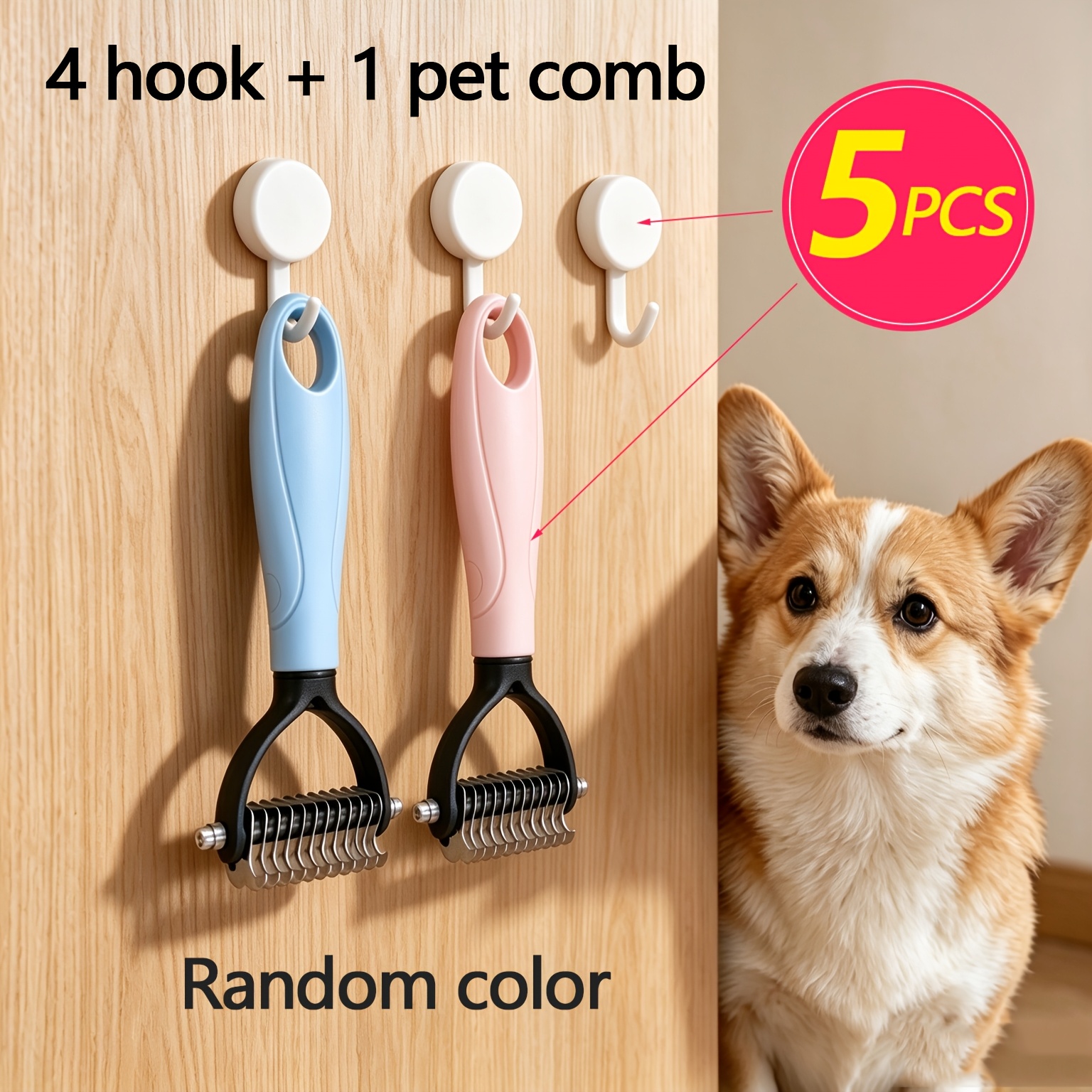 TEMU Double Sided Stainless Steel Pet Dematting Comb, 5pcs Set With 4 Self-adhesive Hooks, Anti-slip Handle Pet Deshedding Brush For Fur Grooming,