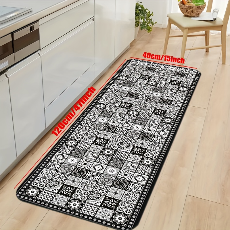 TEMU 1 Modern Kitchen Mat, Black And White Geometric Pattern Print Design - Hallway Balcony Polyester Mat, Bathroom Floor Mat, Laundry Room Mat,