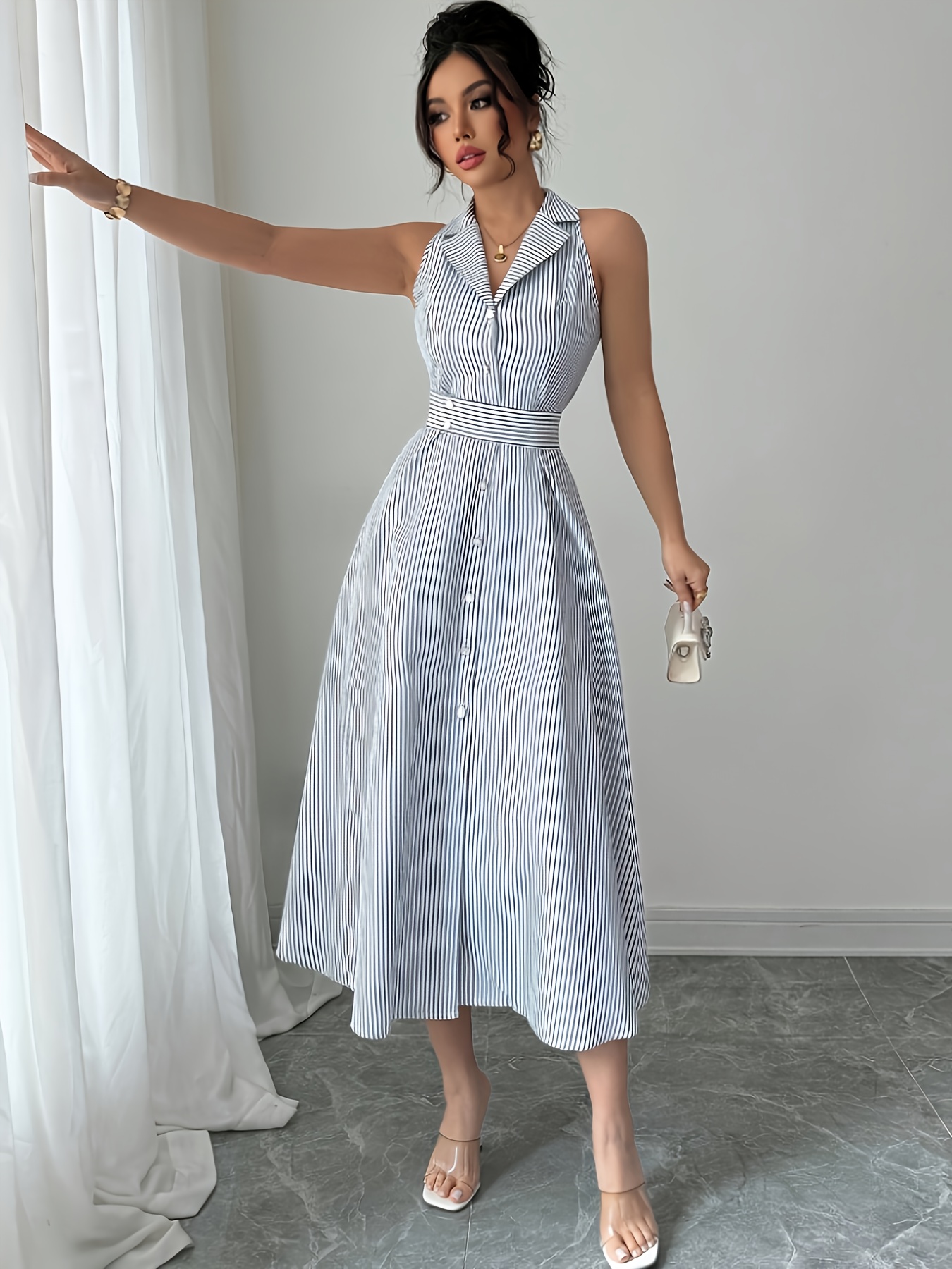 women elegant vertical striped line maxi dress collar - Temu Oman