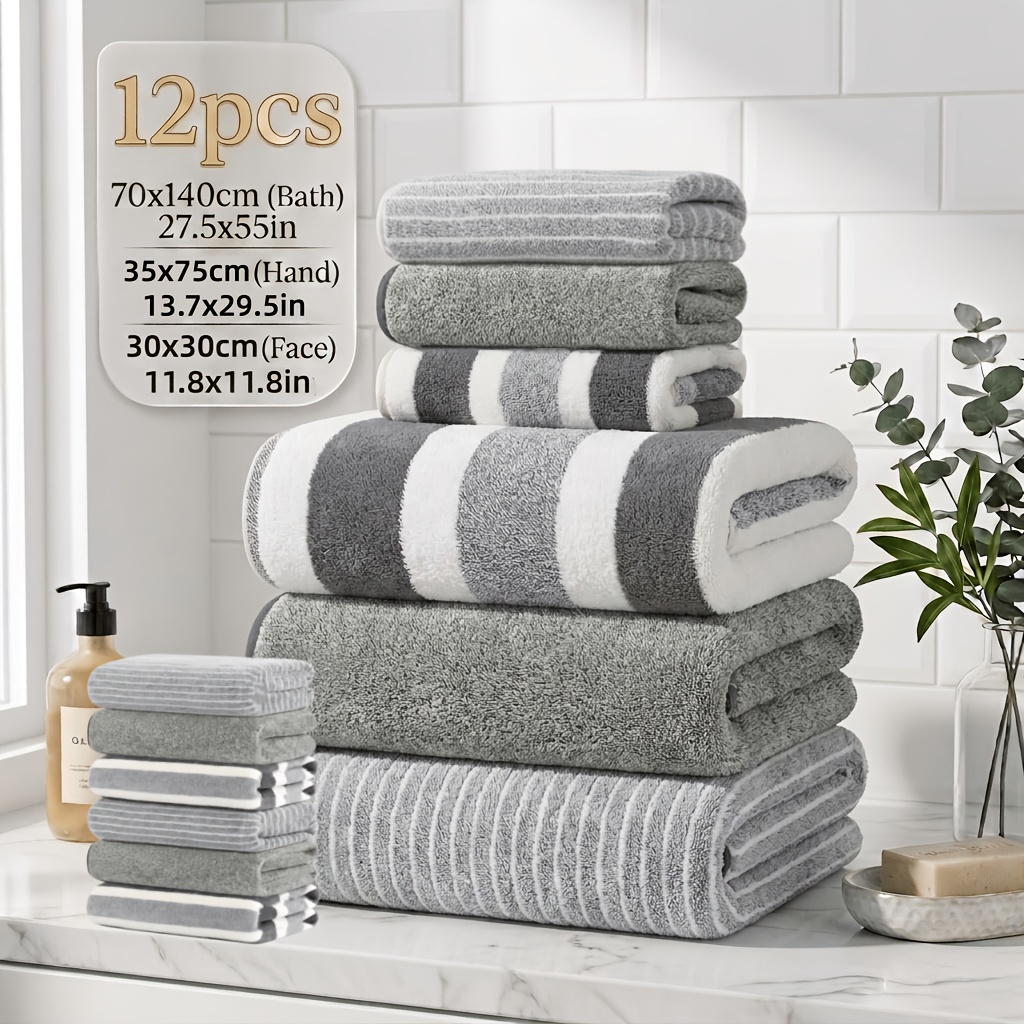 TEMU 12pcs Bath Towel Gift Set, 3 Bath Towels + 3 Hand Towels + 6 Washcloths, Assorted , Coral Fleece -nylon Blend, 300gsm, Ultra Soft & Absorbent,