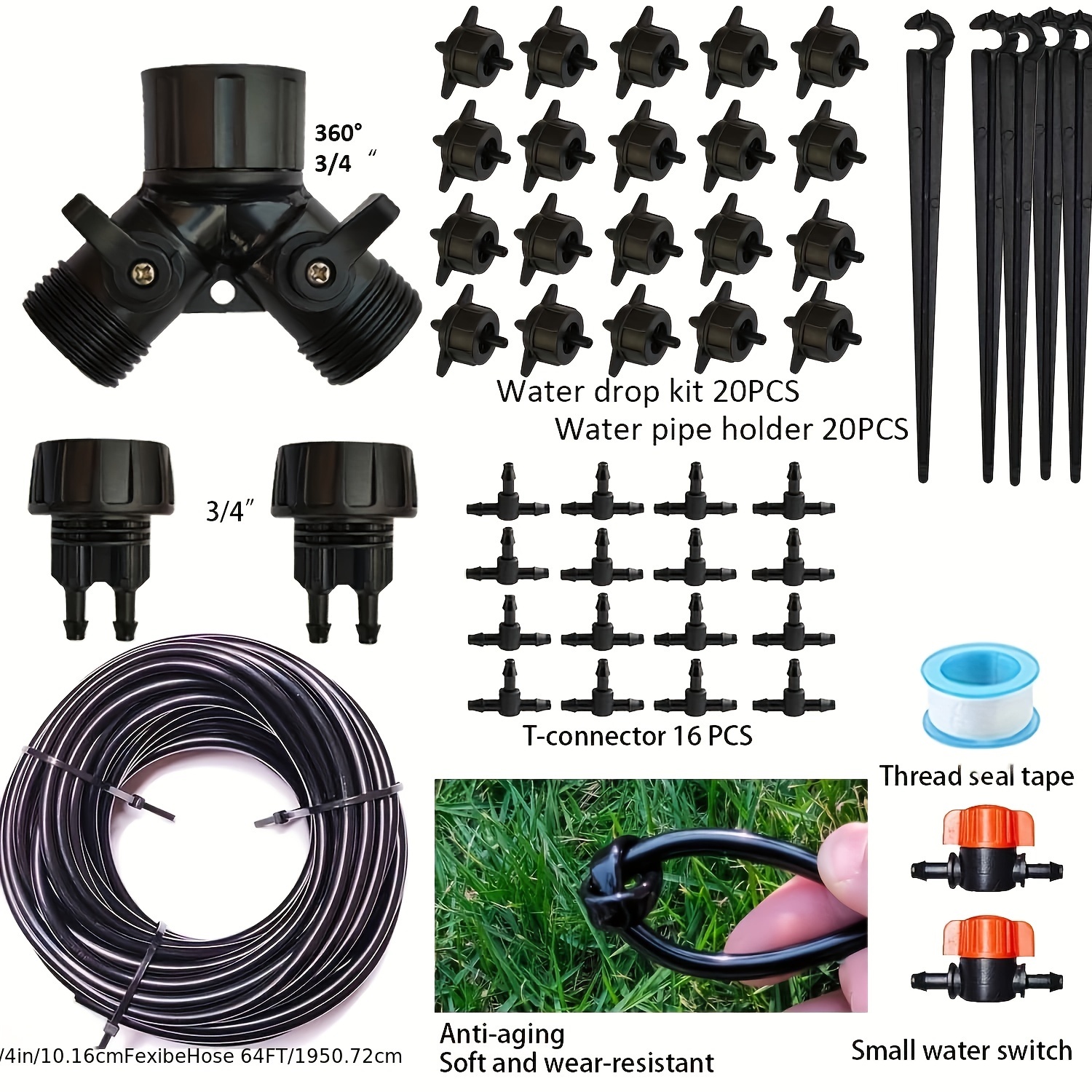 1 Pack, Drip Irrigation Kit 64ft 1/4 Card Sleeve And 20pcs 1.06gal/h ...