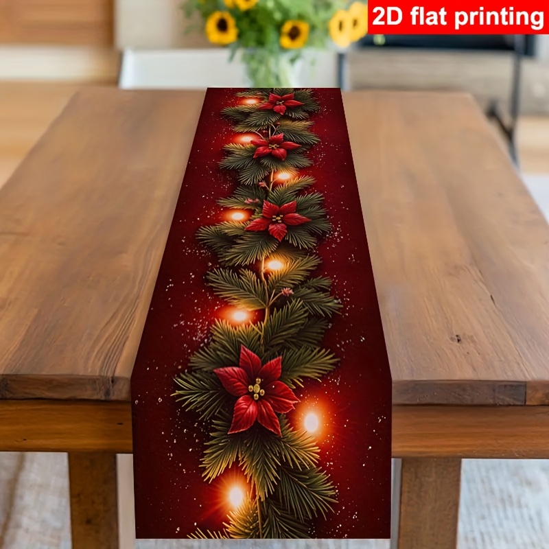 TEMU 1pc 2d Flat Christmas-themed Table Runner, Pine Branch Print And Warm String Lights Festive Table Runner, Suitable For Home, Kitchen, Dining