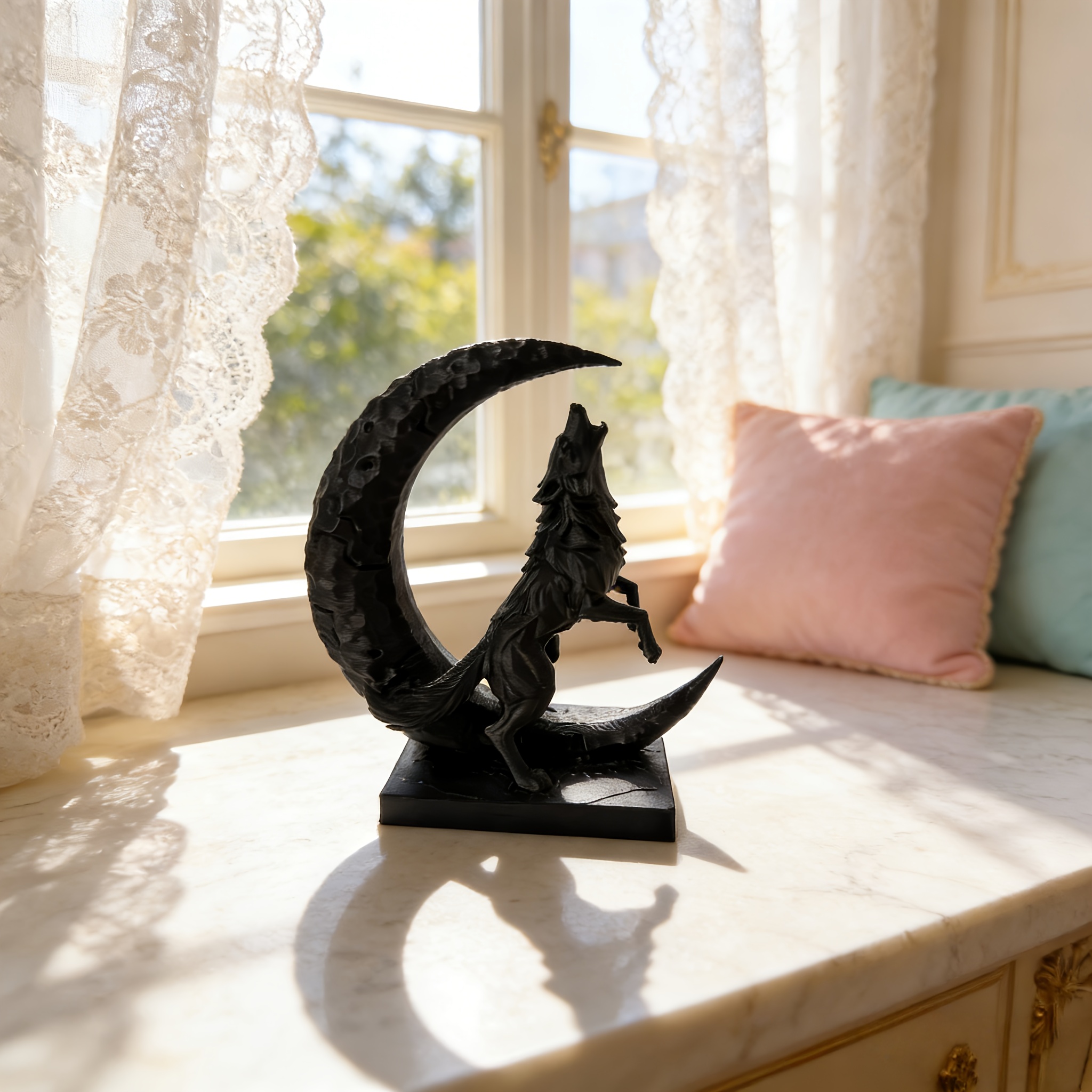 TEMU Crescent Wolf Sculpture, Sharp Lines Outline Wolf Head At The, Crescent Surrounding The Silhouette, Wild Atmosphere, Display Cabinet, Living
