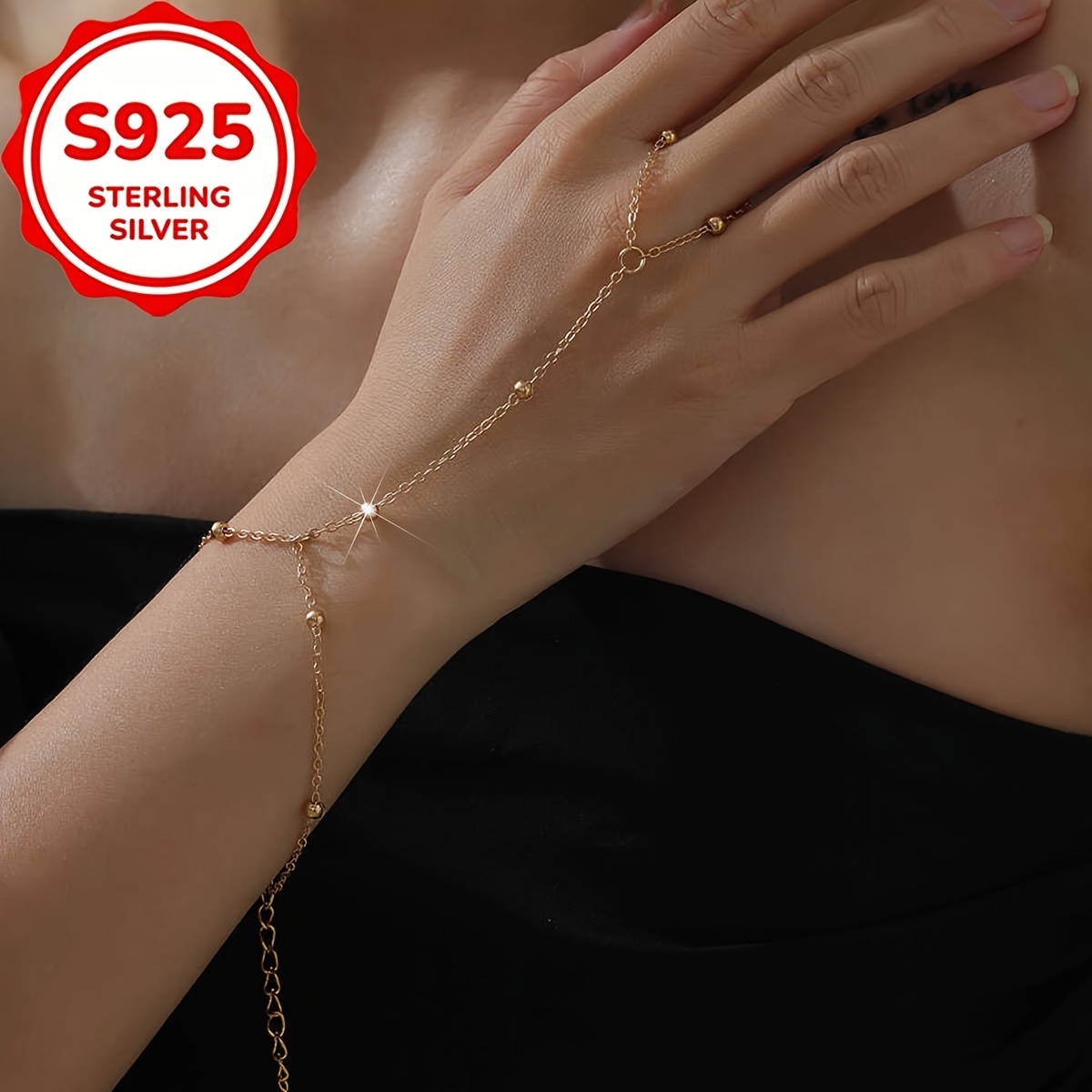 Women's S925 Silver Round Bead Chain Ring Bracelet, Minimalist Style
