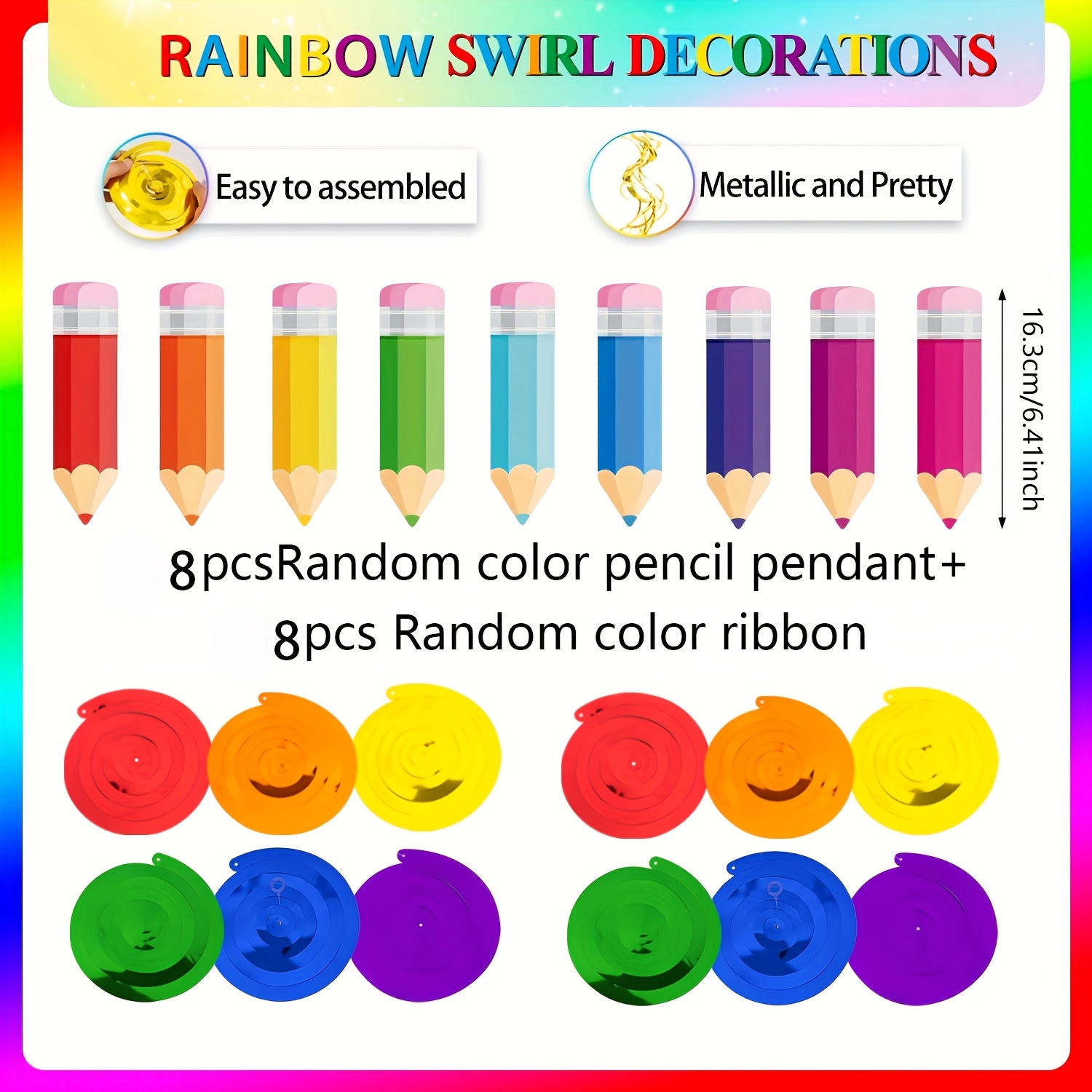 TEMU 16pcs Back To School Colored Crayon Themed Ornaments (8 Pencil Ornaments+8 Spiral Ribbon Combinations) In Random Colors, Suitable For Back To