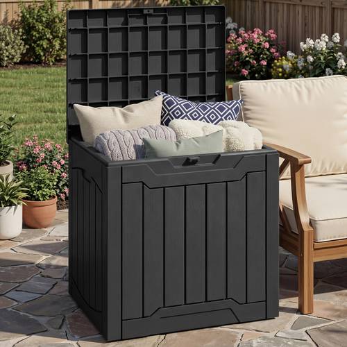 31 gallon outdoor storage box waterproof resin deck box patio pool side table and bench weatherproof storage organizer for garden tools pool supplies patio additions