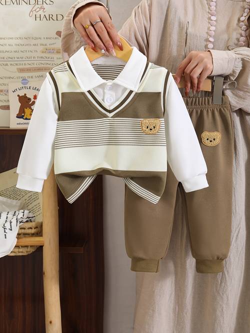 2pcs boys outfit shirt knit vest and casual pants striped cute bear british style elastic waist long pants wear outing party gift for outdoor