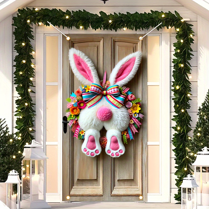 

2d Door Banner, Rabbit Easter Wreath Door Banner - Polyester, Outdoor Parties & Garden Decor, , No Power Needed, 35.43" X 70.86