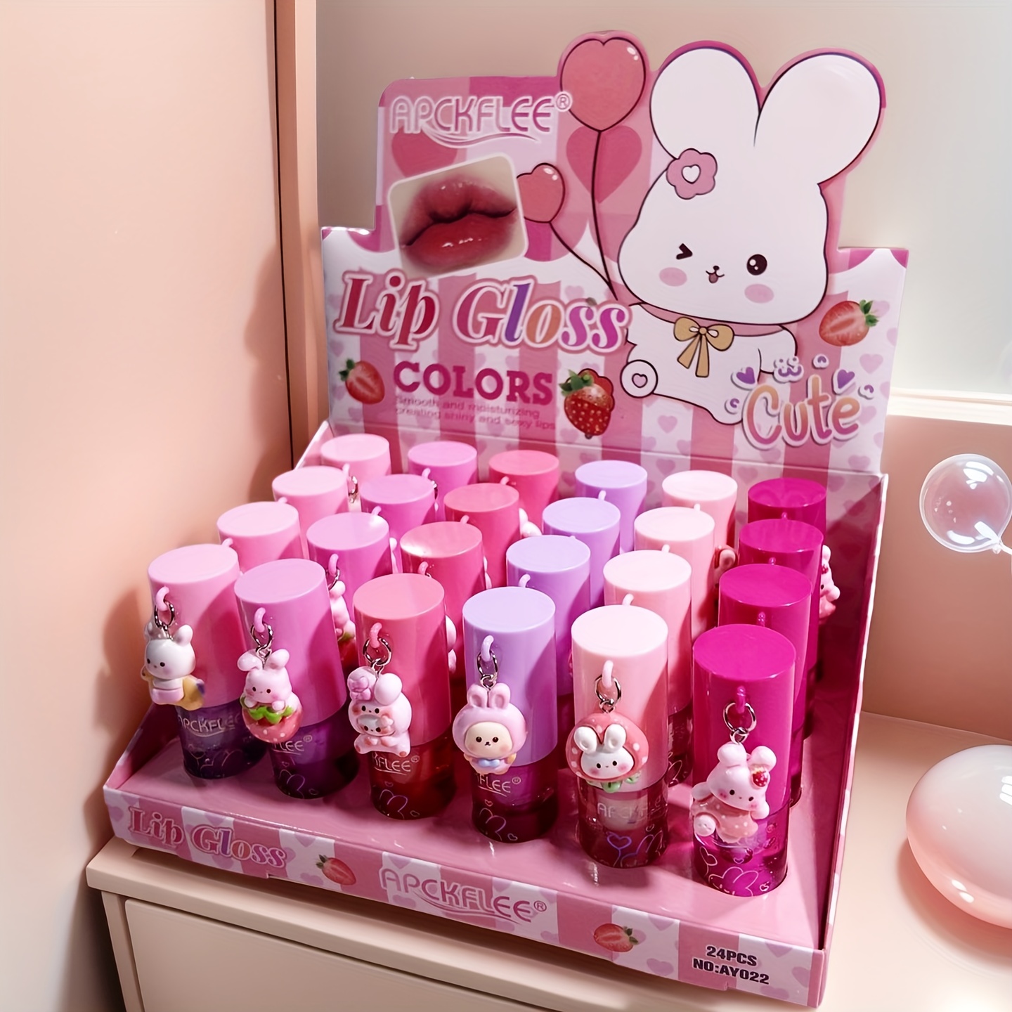 cute strawberry bunny pendant hydrating glossy clear lip - Temu