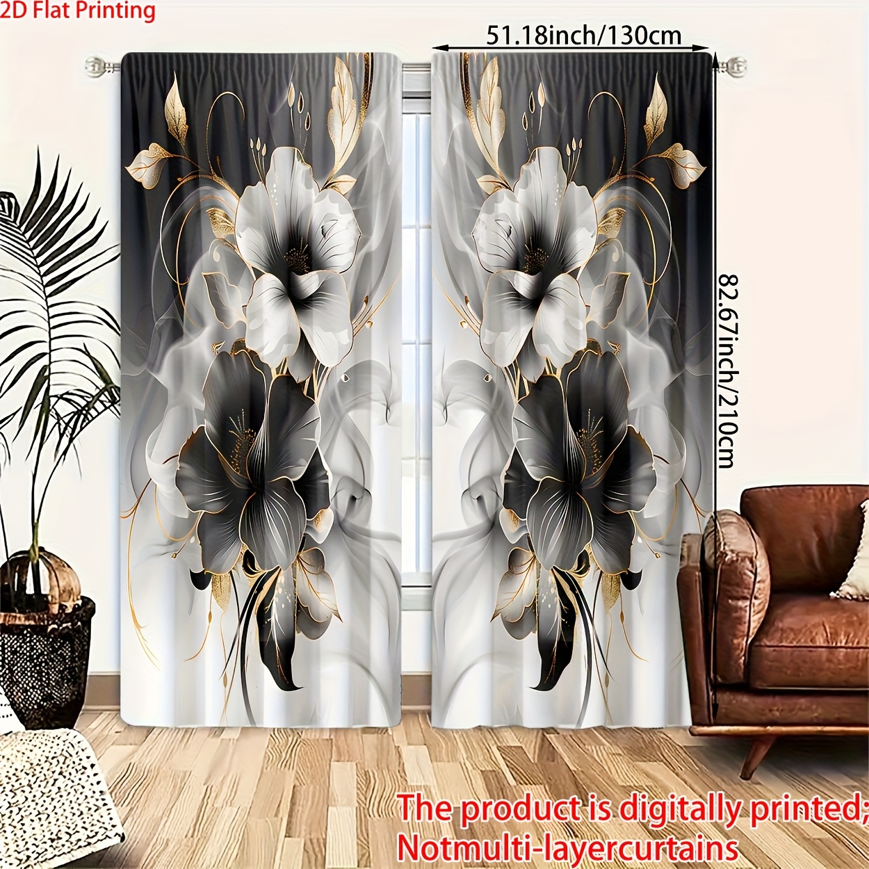 TEMU 2pcs, 2d Flat Print Polyester Material Hd Digital Floral Pattern Sheer Curtains With Rod For Bedroom, Living Room, Office & Home Decor