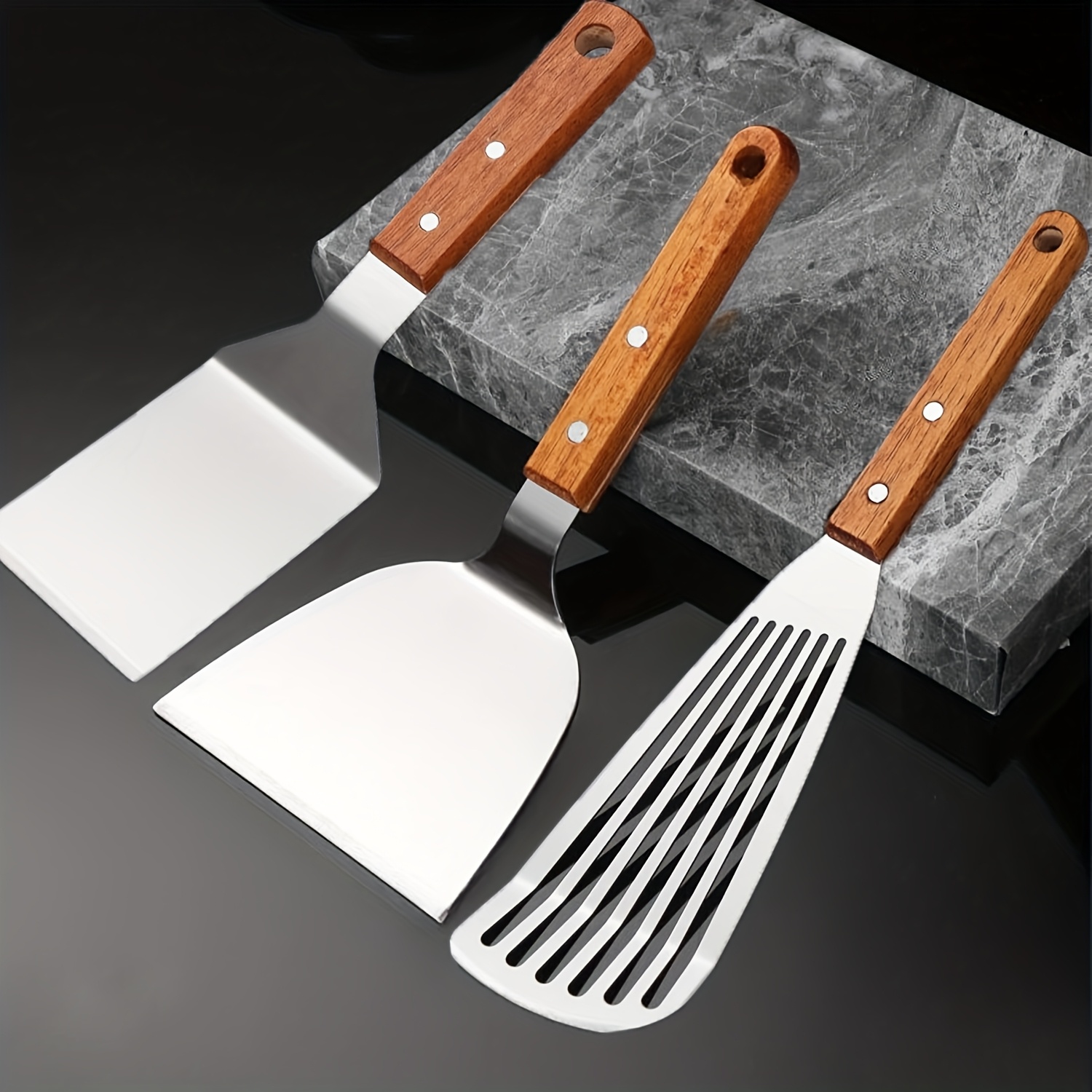 Image of Metal Spatula For Cast , Stainless Spatula Turner With Wooden Handle, Small Kitchen Spatula Flipper For Cooking Grill Griddle, 3pcs